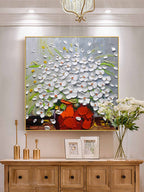 Impasto White Floral Art Oil Painting Red Vase