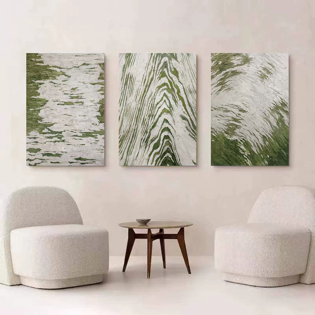 Set of 3 Green And White Triptych Painting