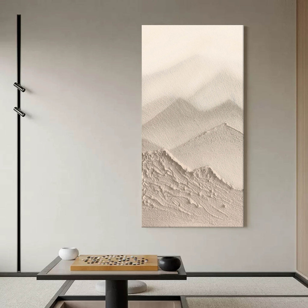 Vertical Wabi-Sabi Mountain Bas-Relief Painting