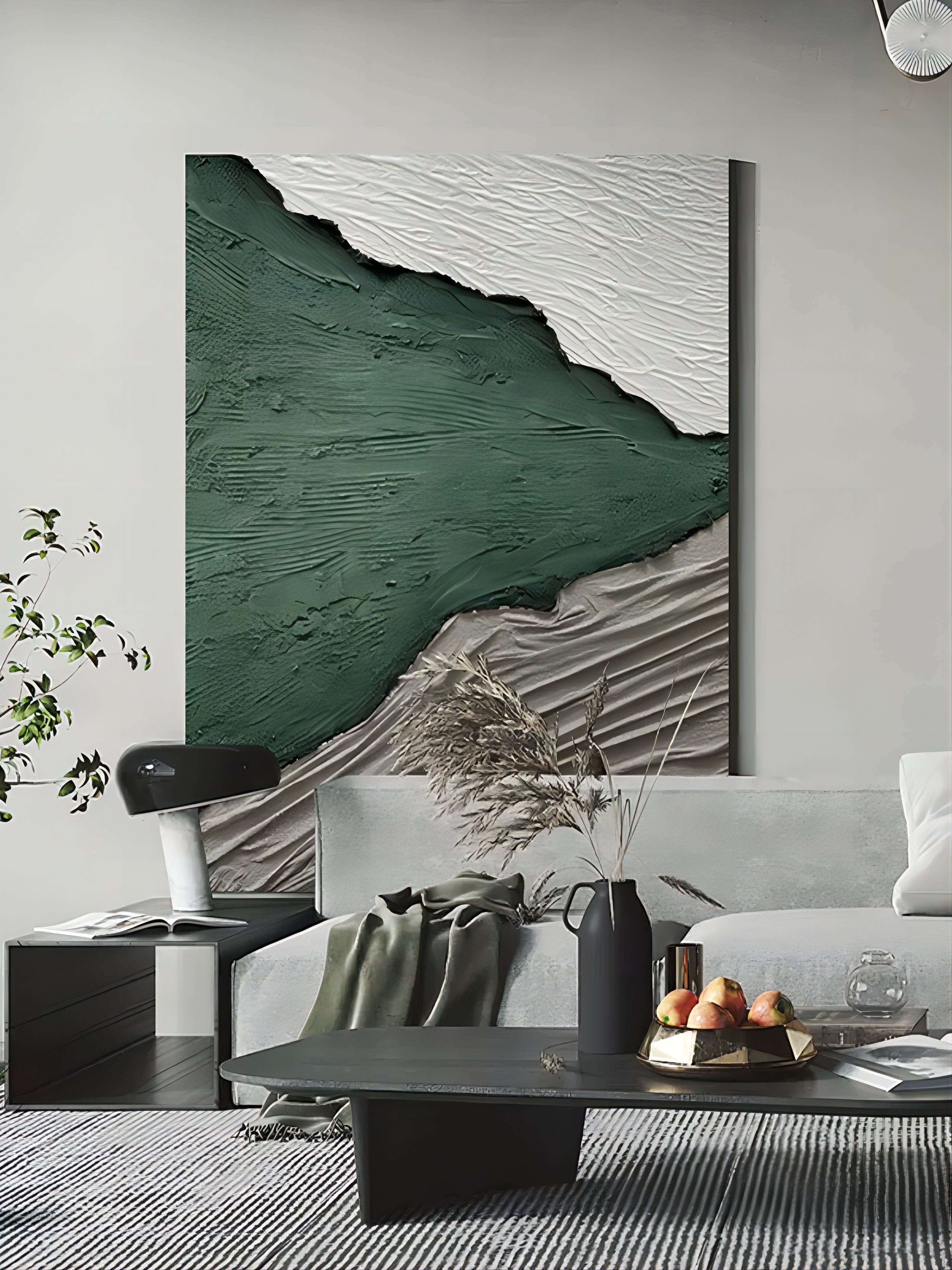 Emerald Green Landscape Bas-Relief Painting