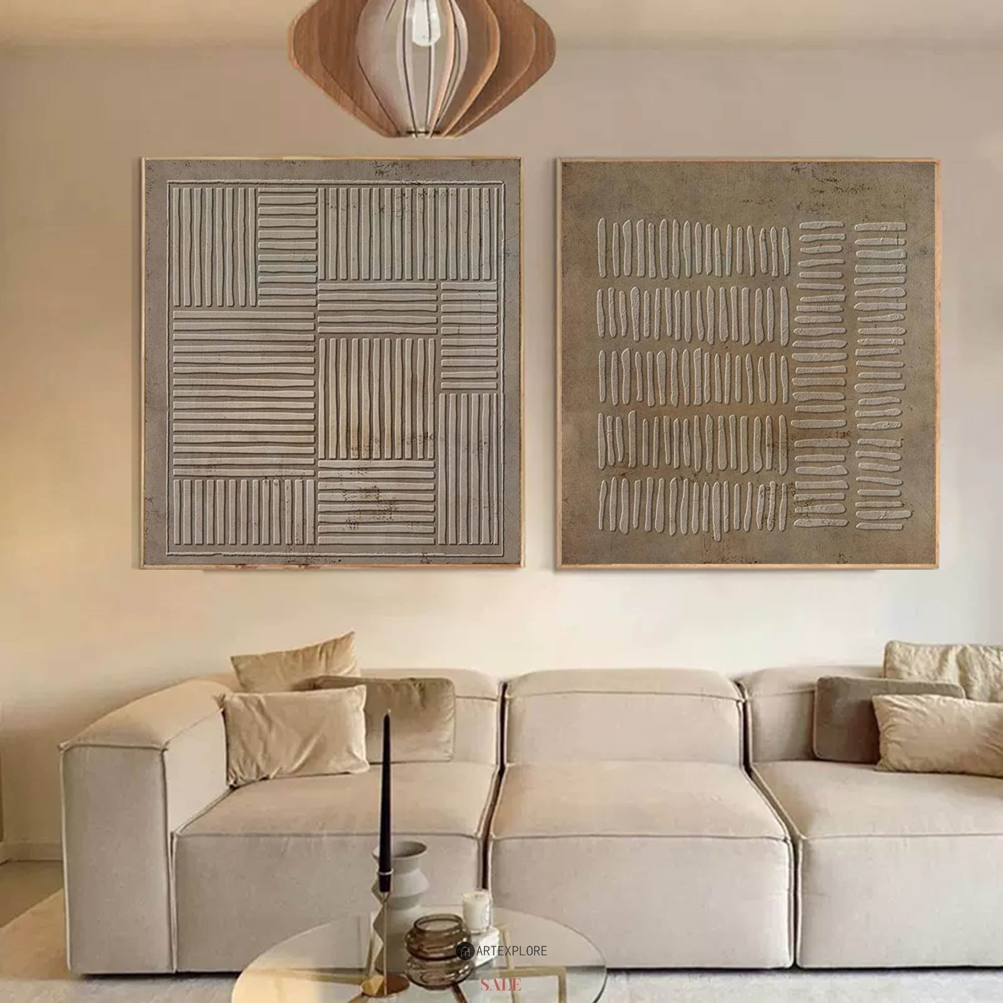 Earthy Textured Linear Pattern Diptych Wall Art Set