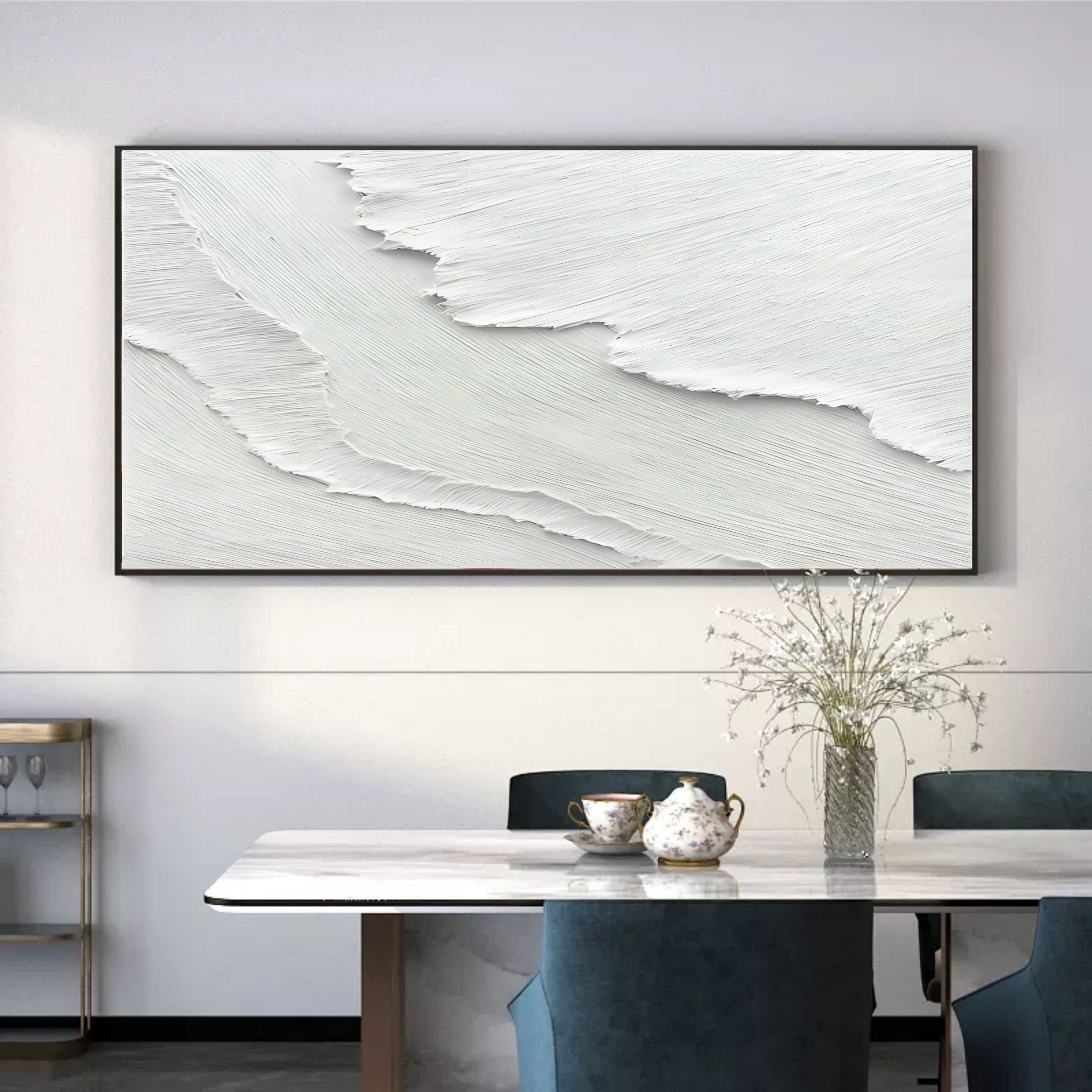 Minimalist 3D Textured White Wall Art Ocean Waves Painting