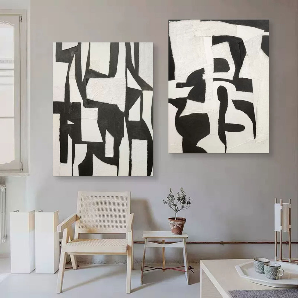 Set Of 2 Black White Collage Diptych Oil Painting