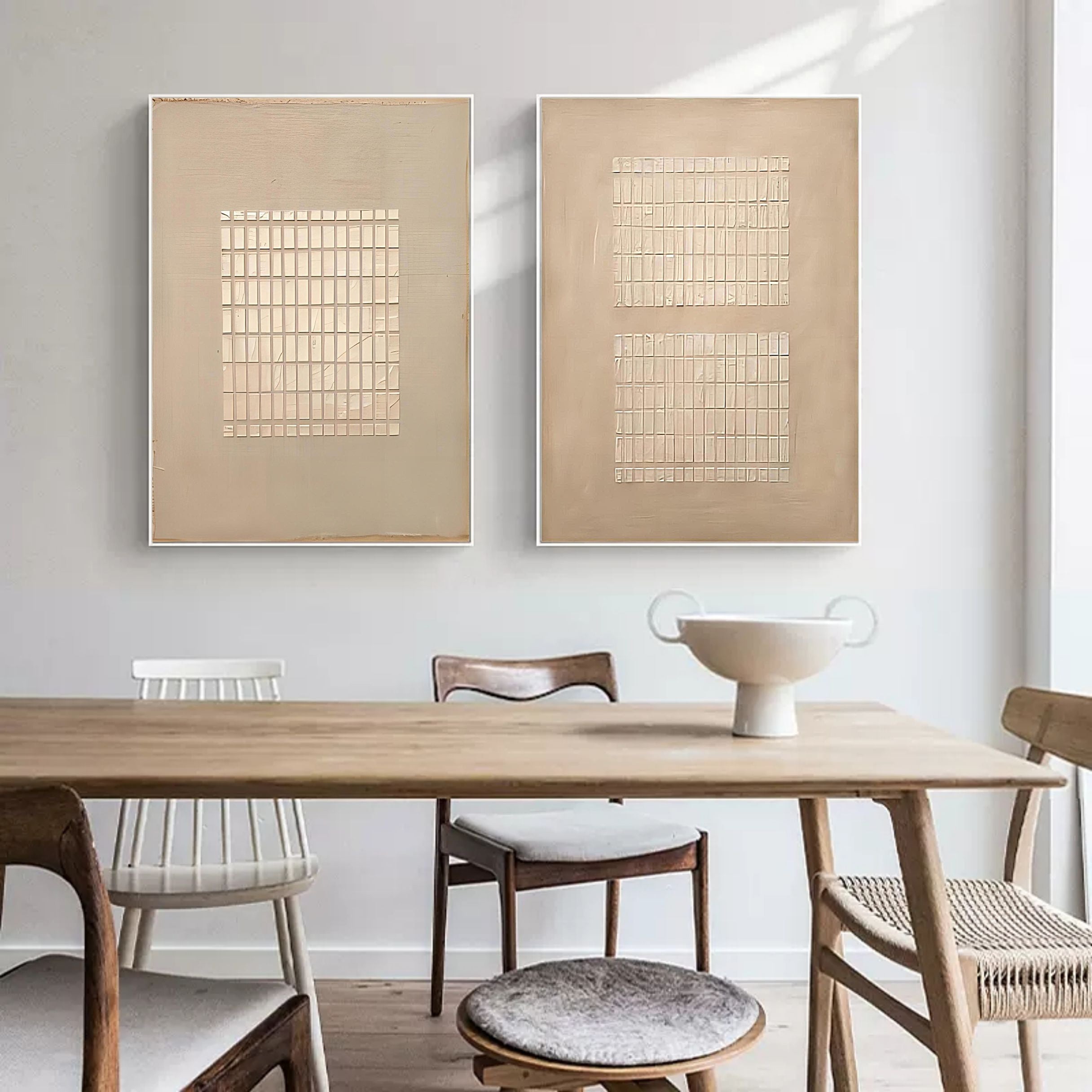 Set Of 2 Grid Texture Diptych Painting