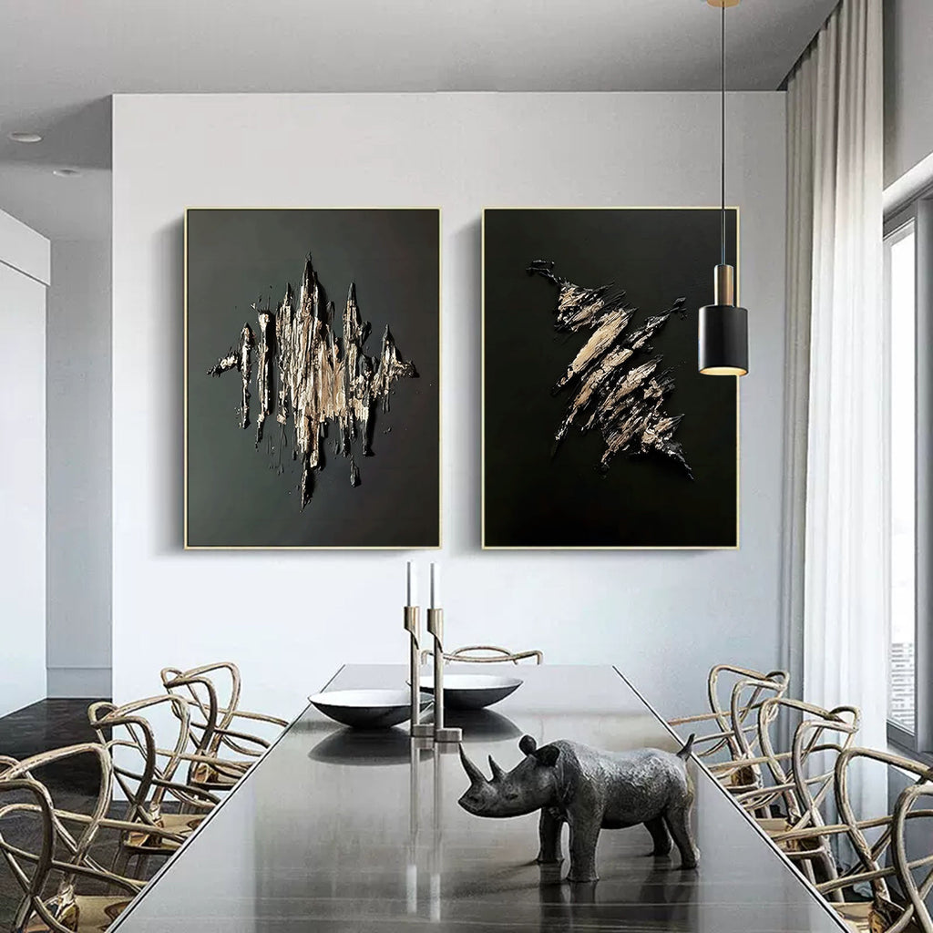 Textured Gold & Black Abstract Oil Painting