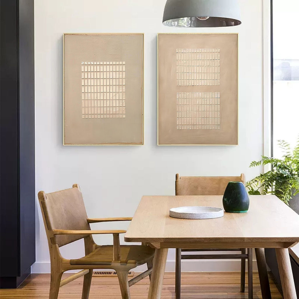 Set Of 2 Grid Texture Diptych Painting