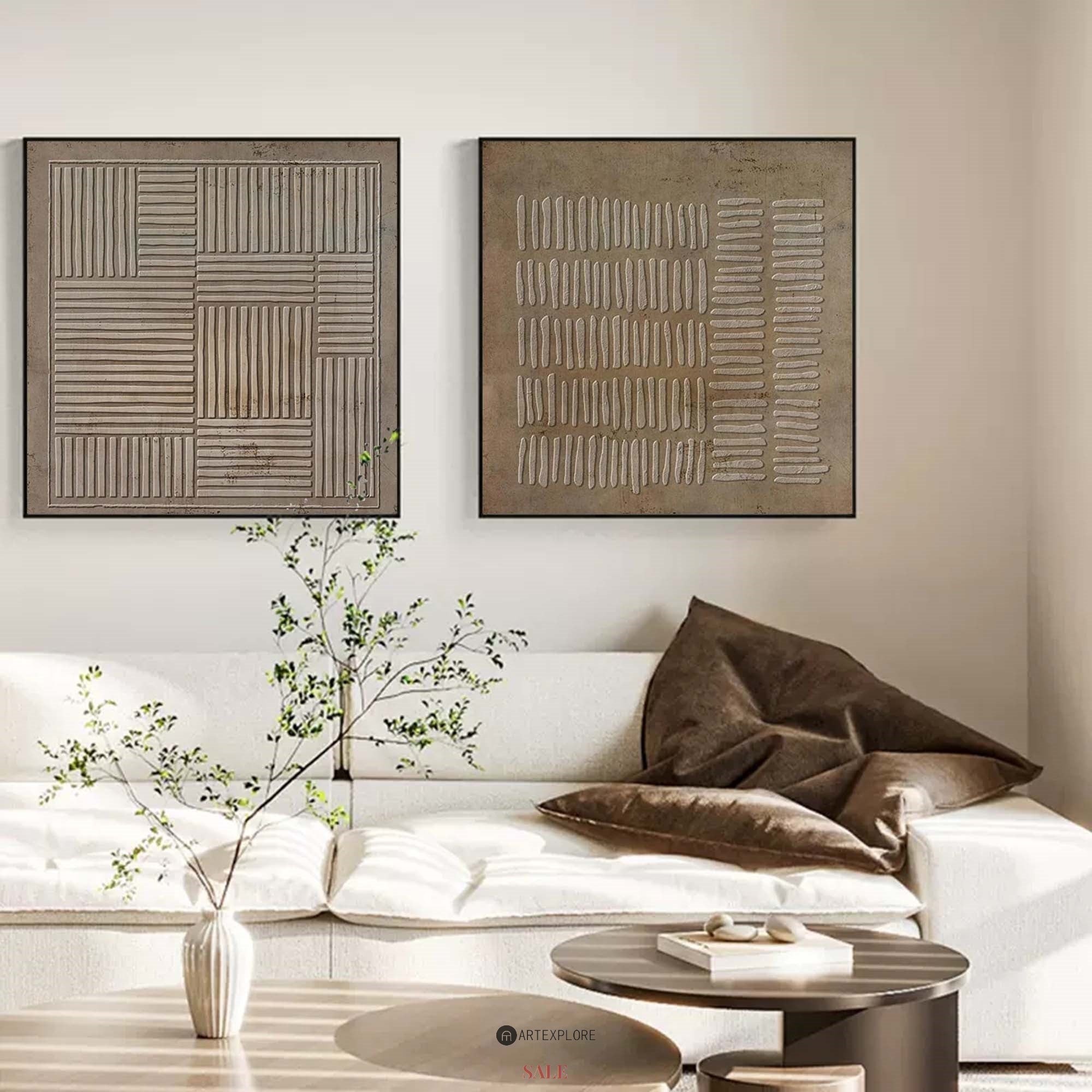 Earthy Textured Linear Pattern Diptych Wall Art Set