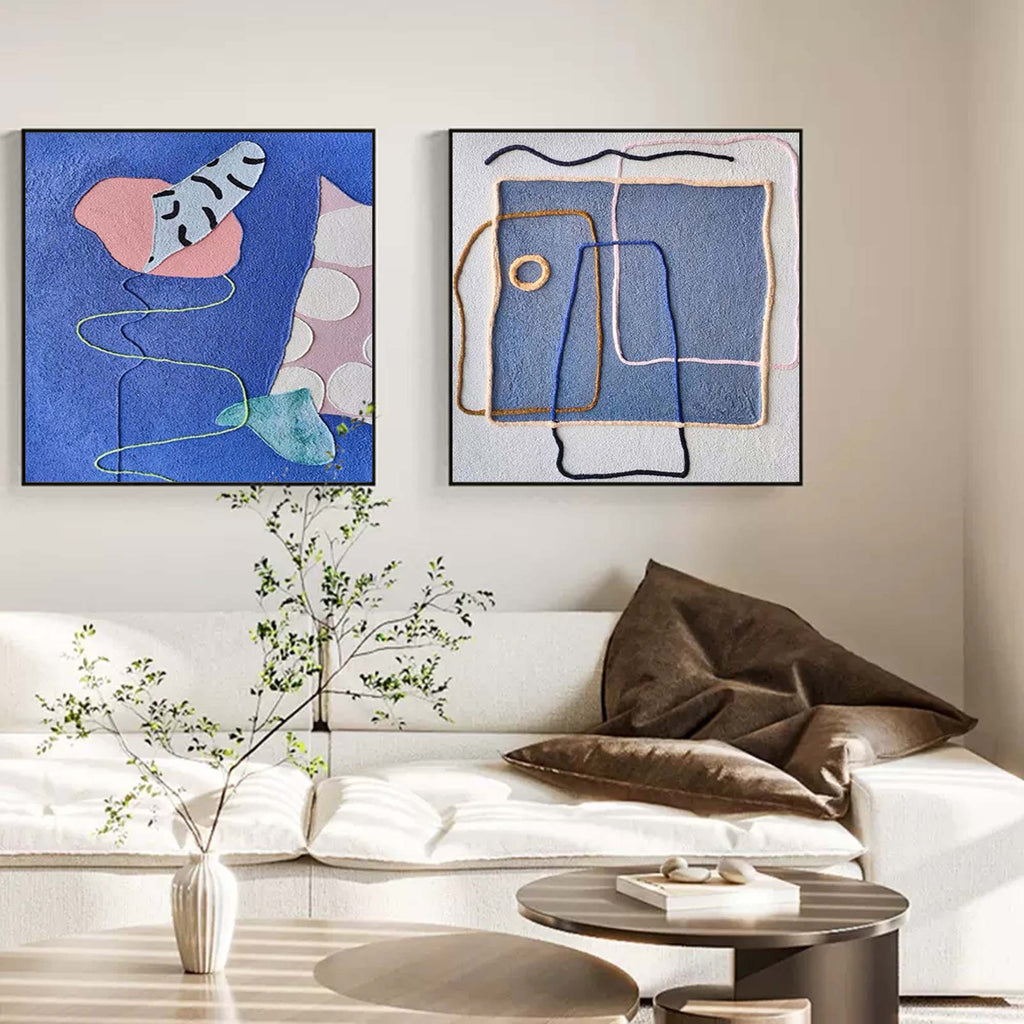 Set of 2 Textured Fiber Art Blue Pink Wall Art