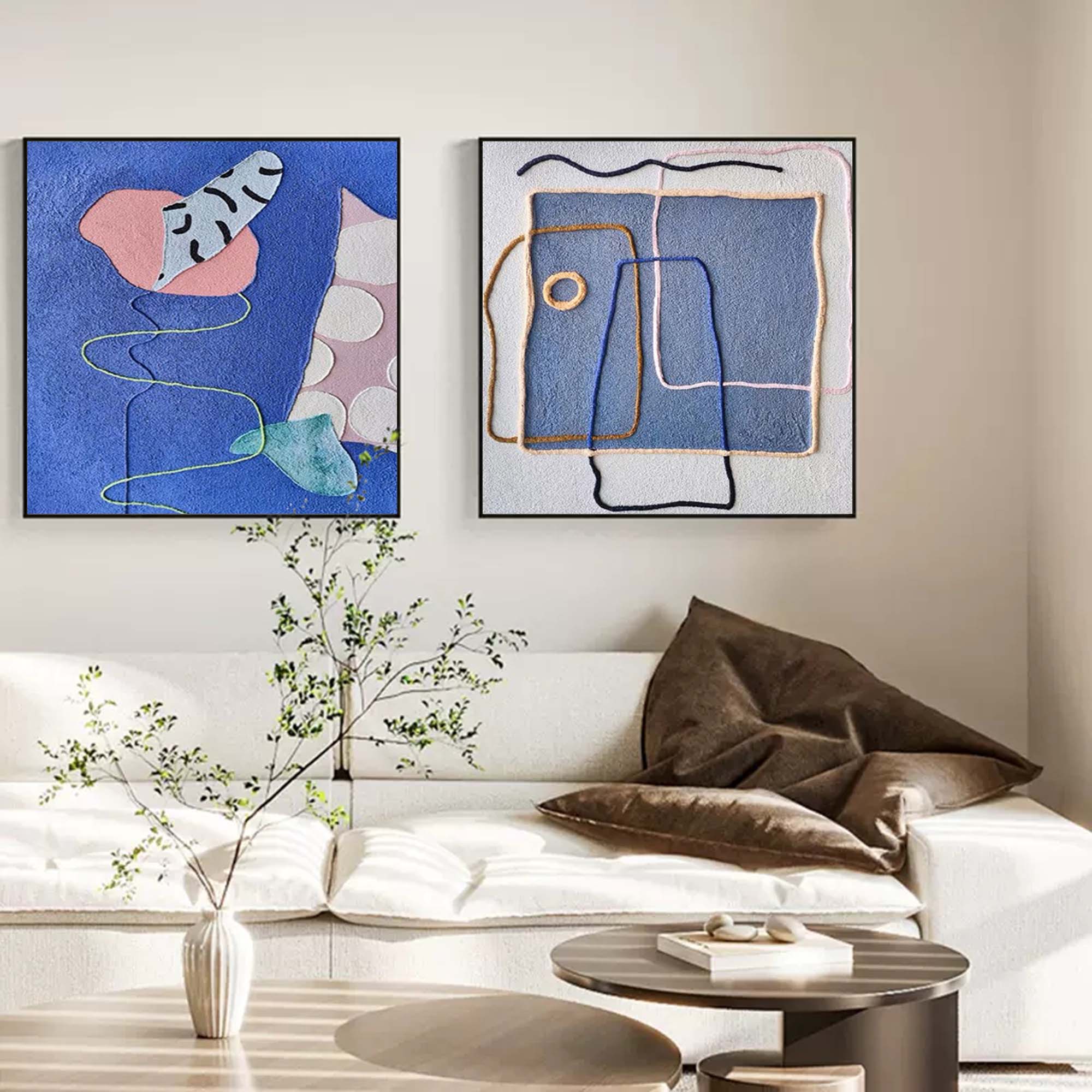 Set of 2 Textured Fiber Art Blue Pink Wall Art