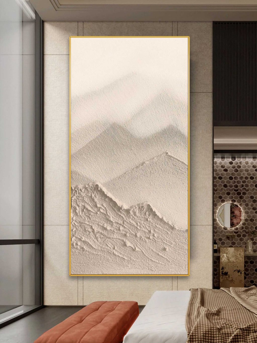 Vertical Wabi-Sabi Mountain Bas-Relief Painting