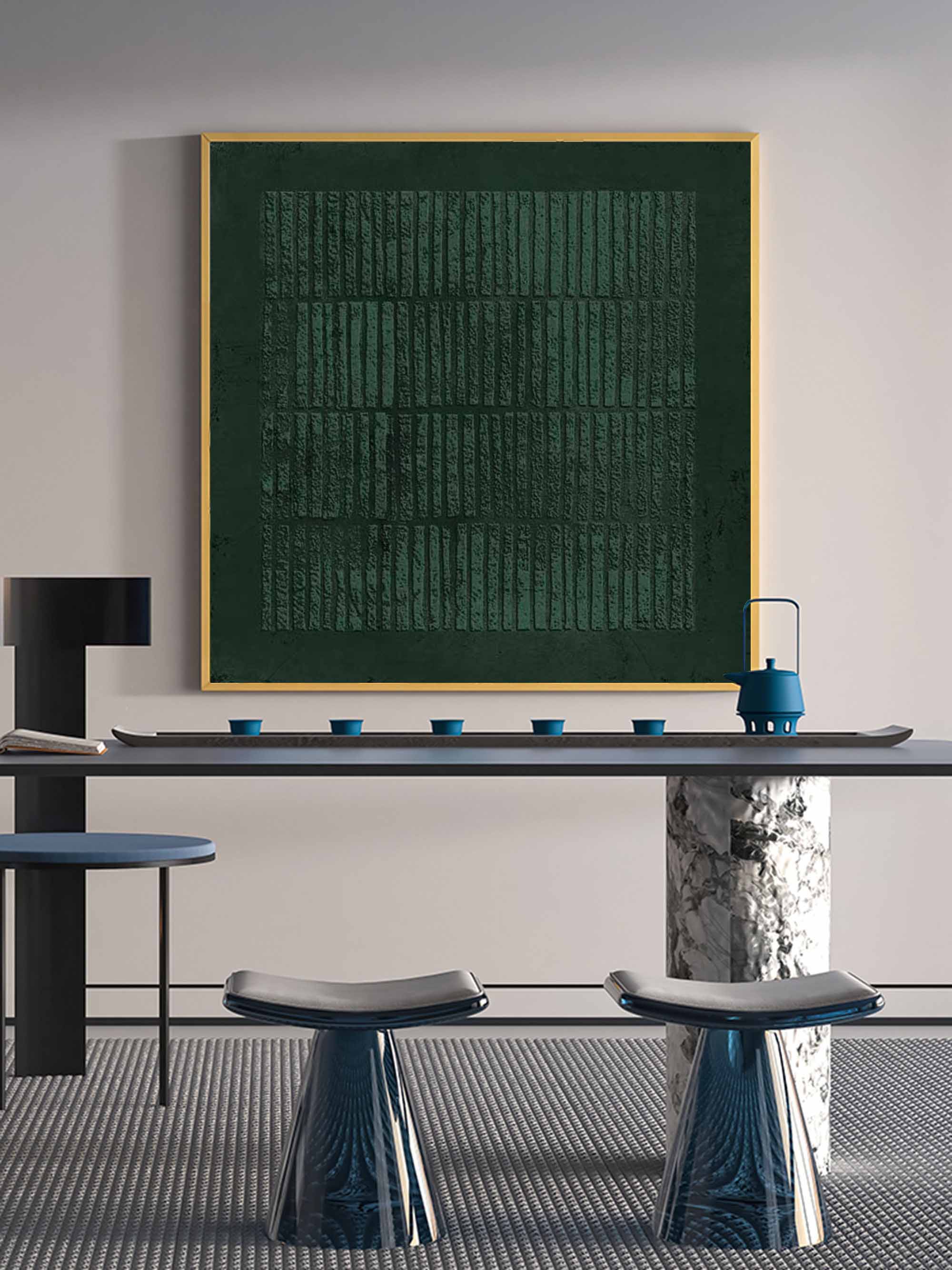Deep Emerald Textured Vertical Strip Abstract Oil Painting