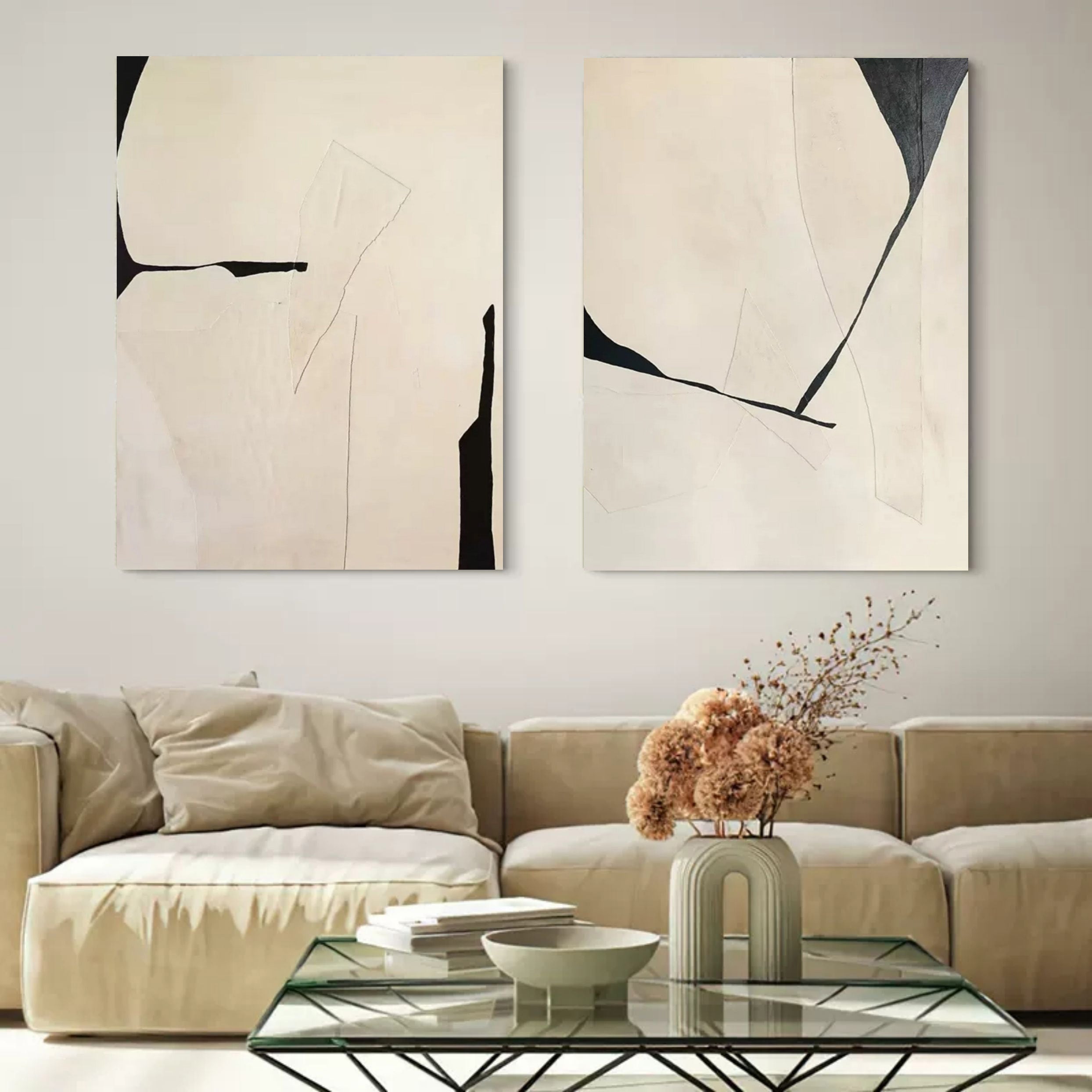 Minimalist Diptych Painting Neutral Geometric Wall Art
