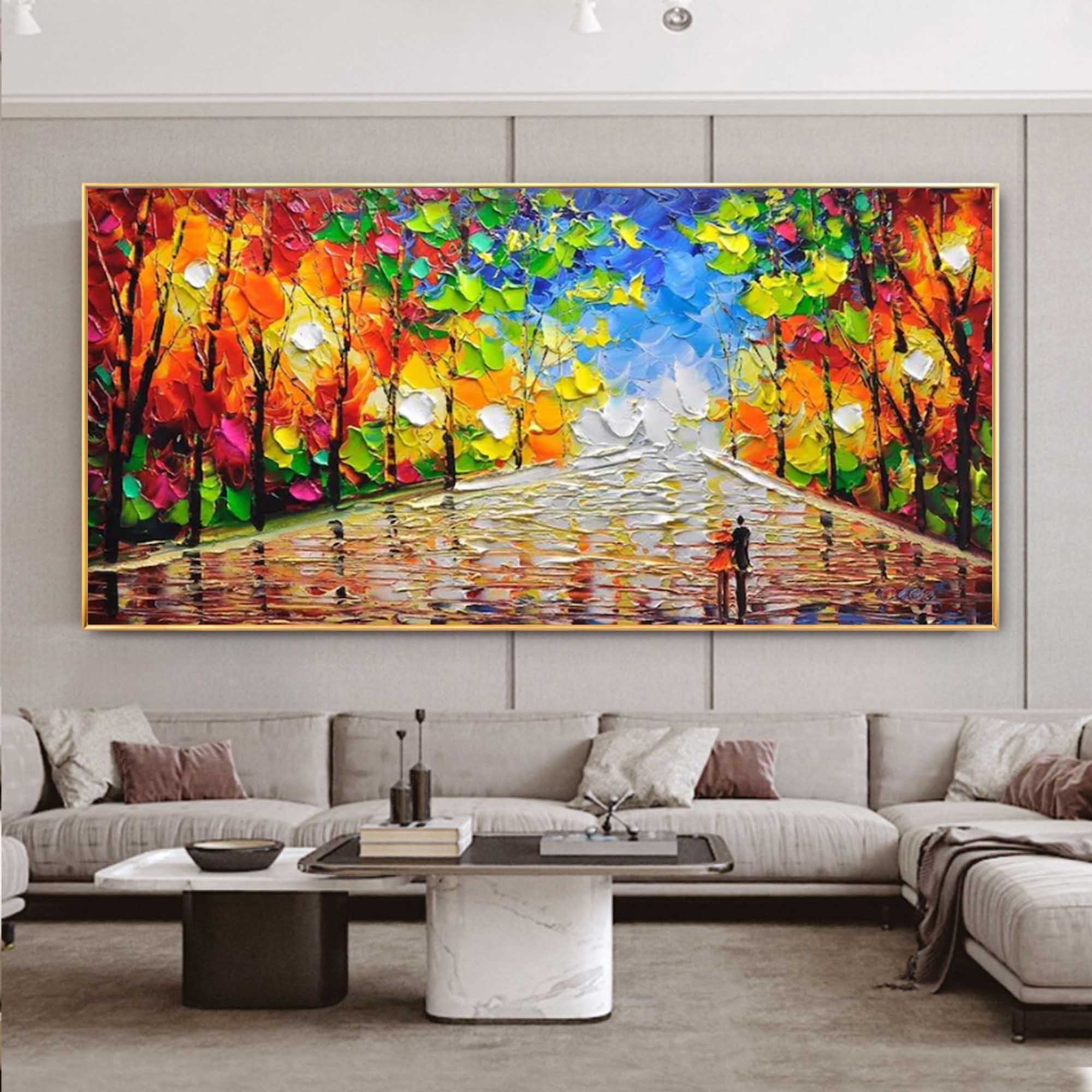 Vibrant Autumn Cityscape Impasto Painting