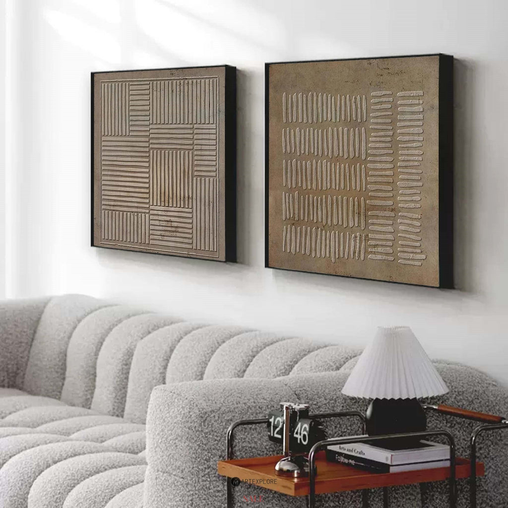 Earthy Textured Linear Pattern Diptych Wall Art Set