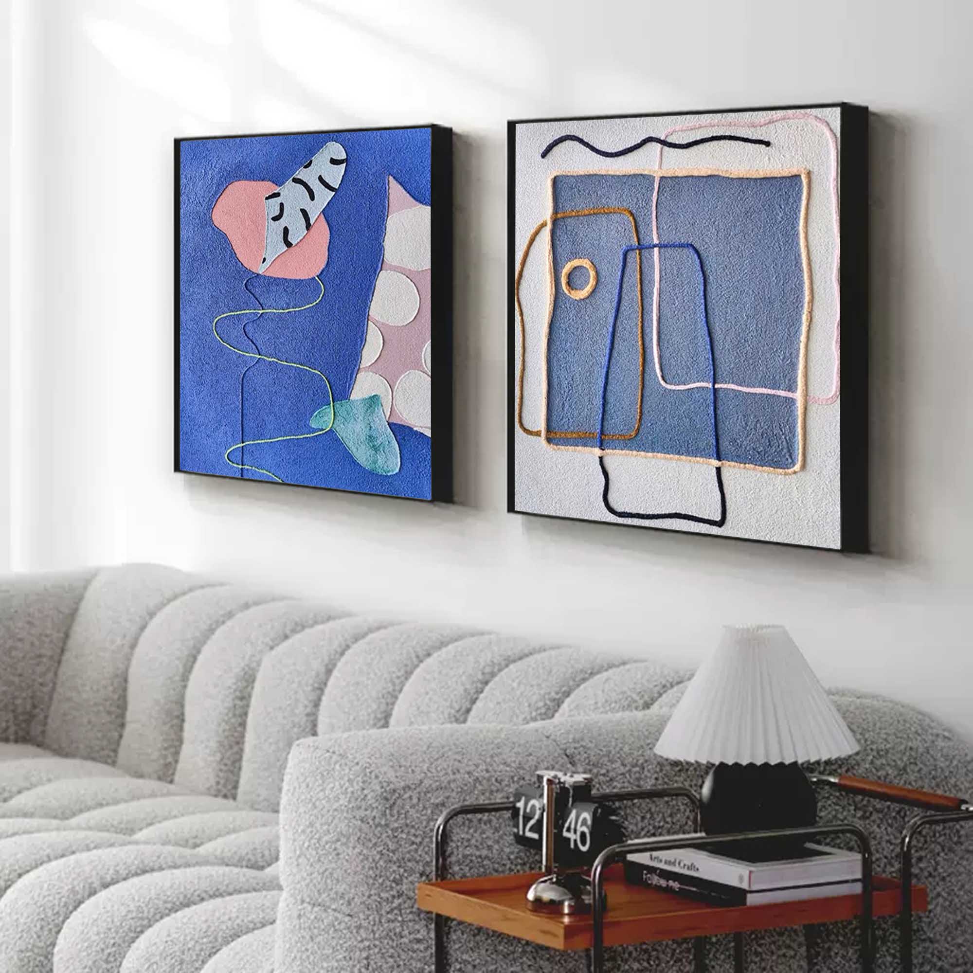Set of 2 Textured Fiber Art Blue Pink Wall Art
