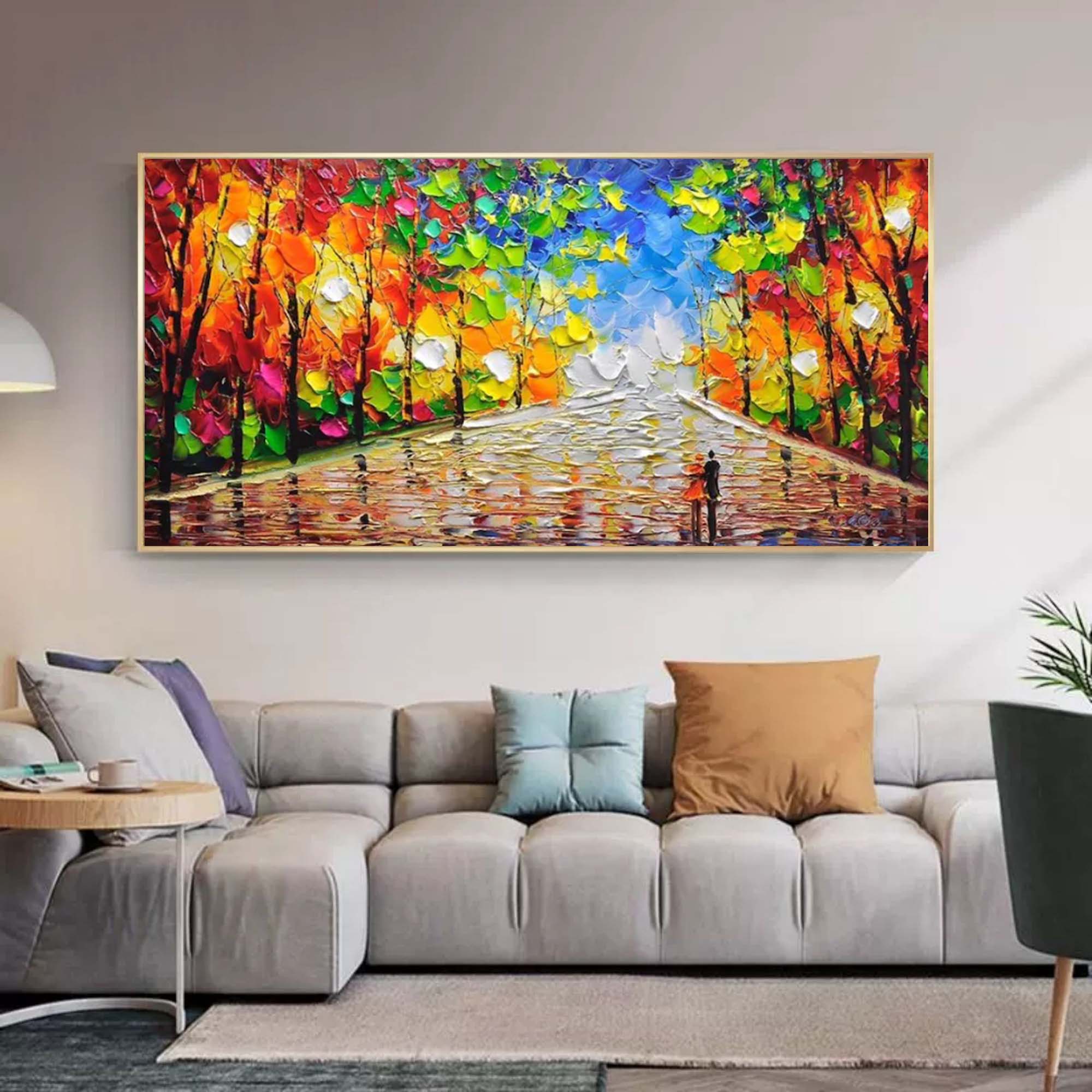 Vibrant Autumn Cityscape Impasto Painting