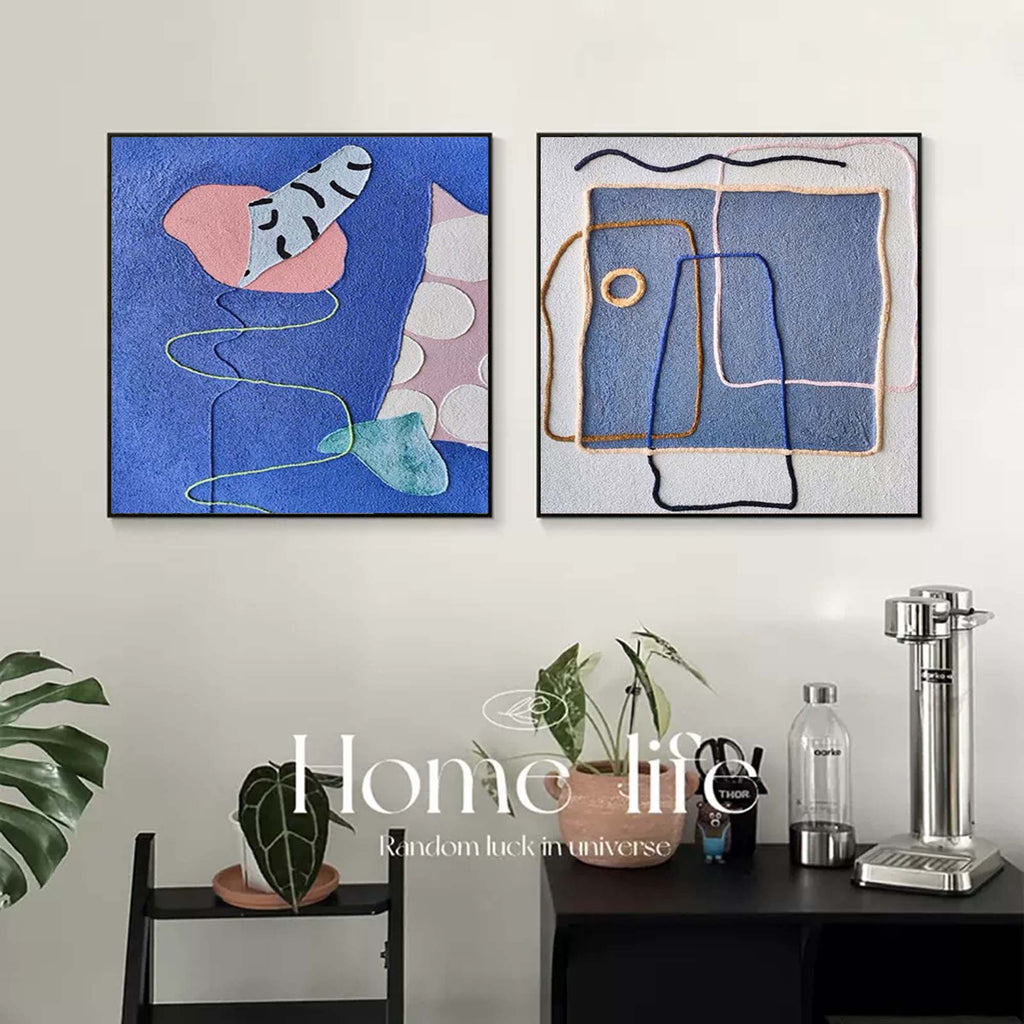 Set of 2 Textured Fiber Art Blue Pink Wall Art