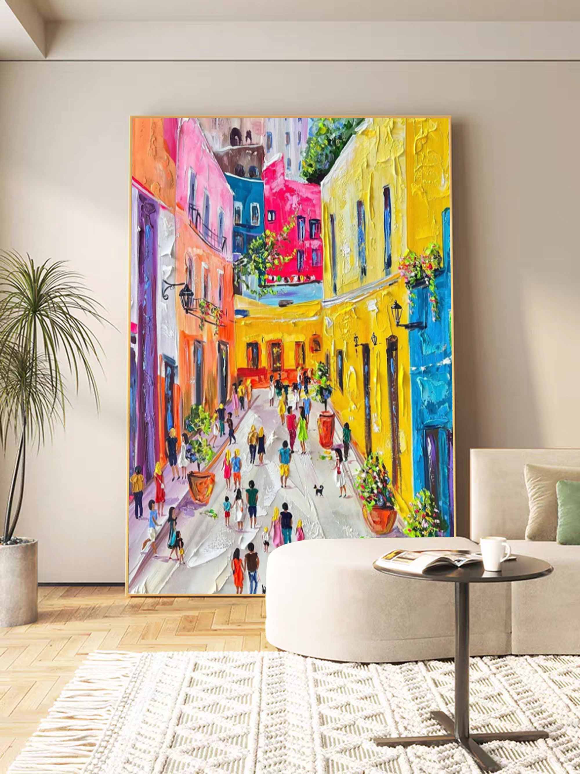 Vibrant Mediterranean Street Painting Impasto Textured