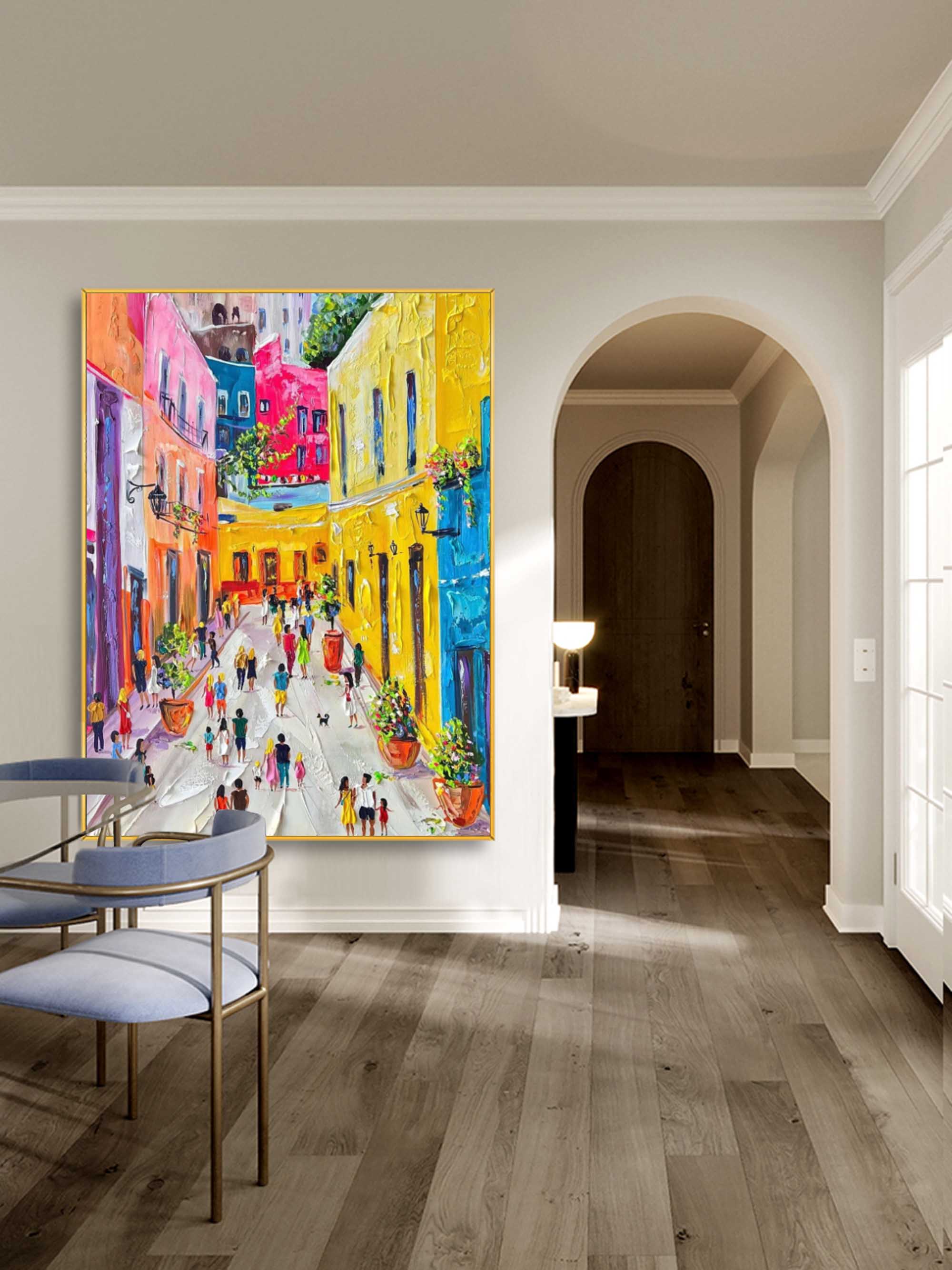 Vibrant Mediterranean Street Painting Impasto Textured