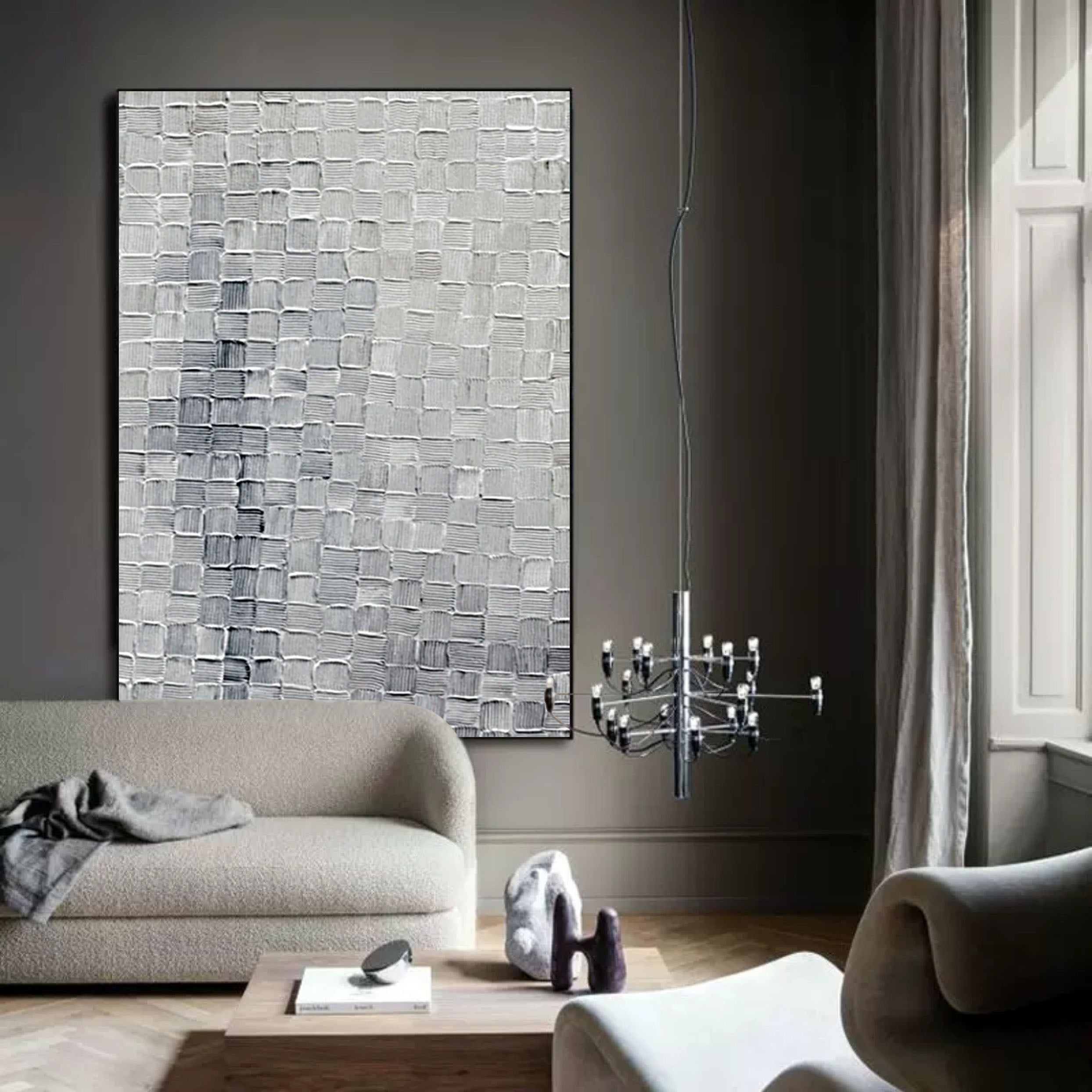 Silver Gray Textured Grid Wall Art