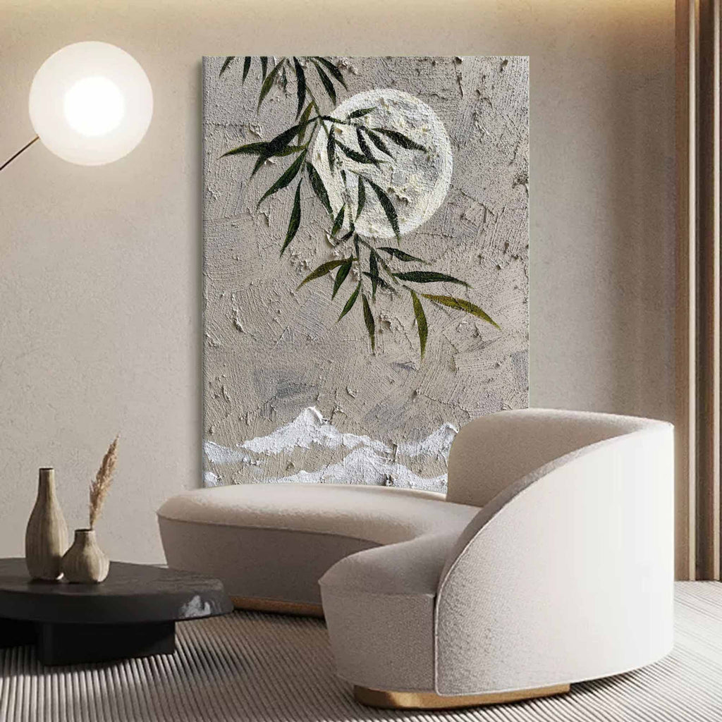 Muted Neutral Textured Moon Willow Mountain Oil Painting