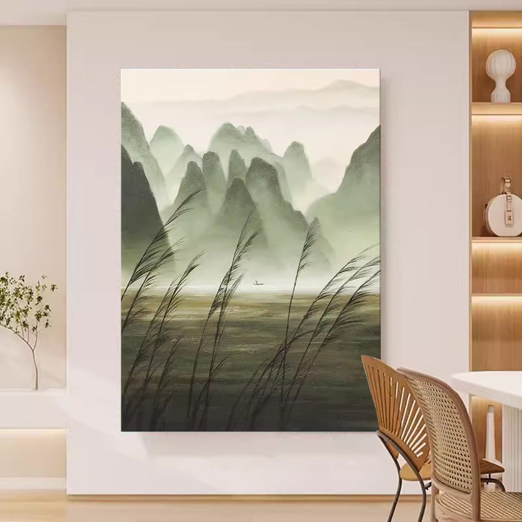 Chinese Ink Misty Green Mountain Landscape Oil Painting