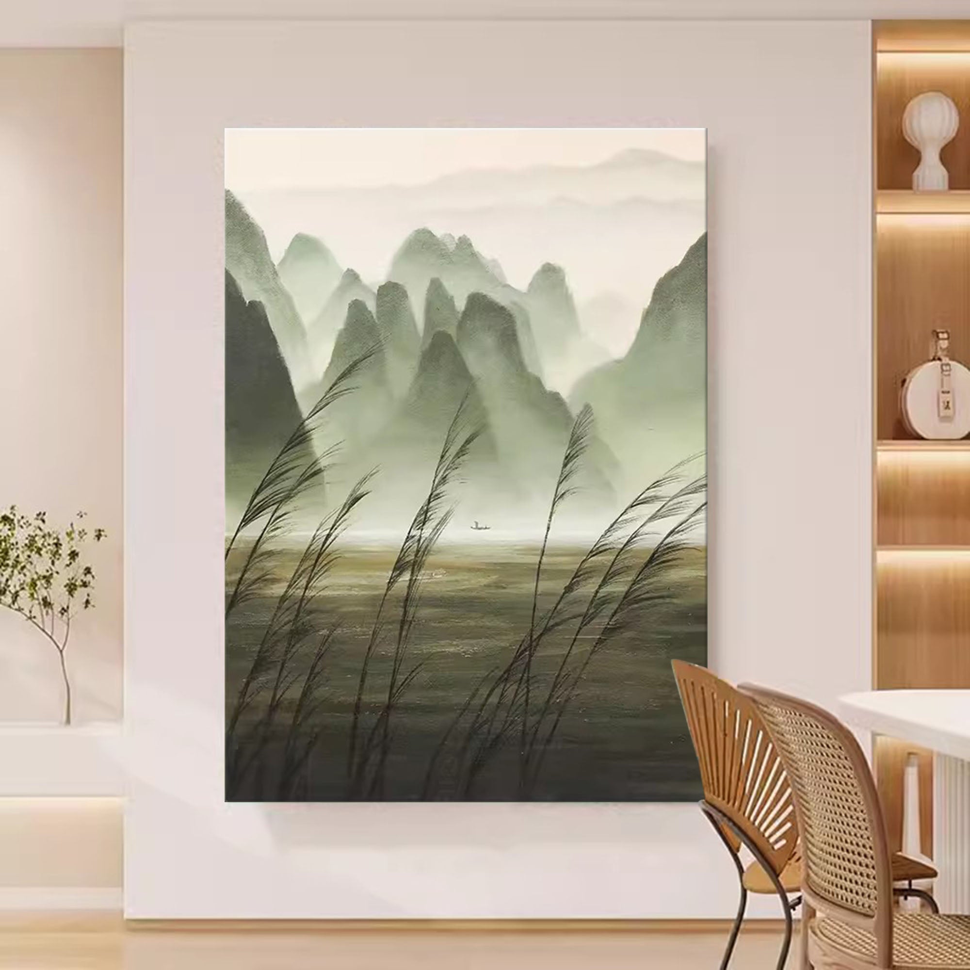 Chinese Ink Misty Green Mountain Landscape Oil Painting