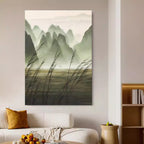 Chinese Ink Misty Green Mountain Landscape Oil Painting