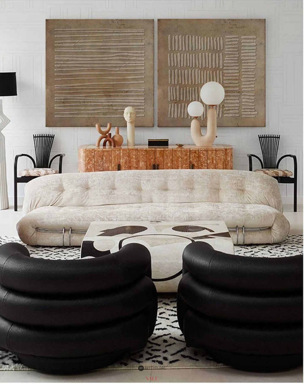 Earthy Linear Textured Relief Diptych Wall Art Set