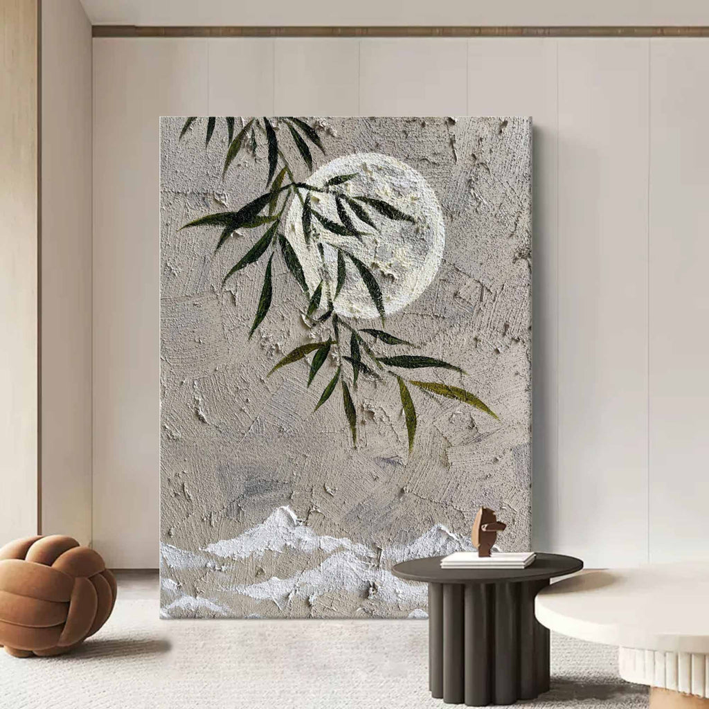 Muted Neutral Textured Moon Willow Mountain Oil Painting