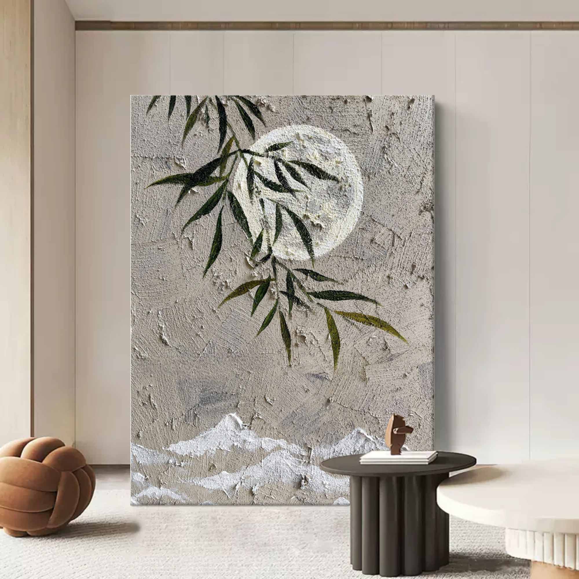 Muted Neutral Textured Moon Willow Mountain Oil Painting