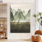 Chinese Ink Misty Green Mountain Landscape Oil Painting