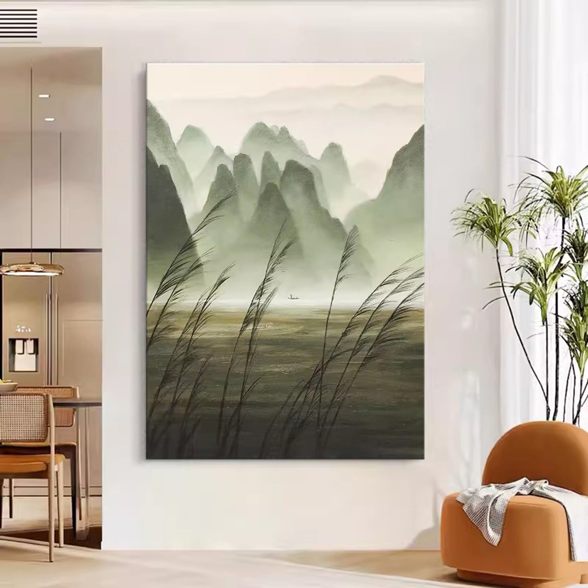 Chinese Ink Misty Green Mountain Landscape Oil Painting