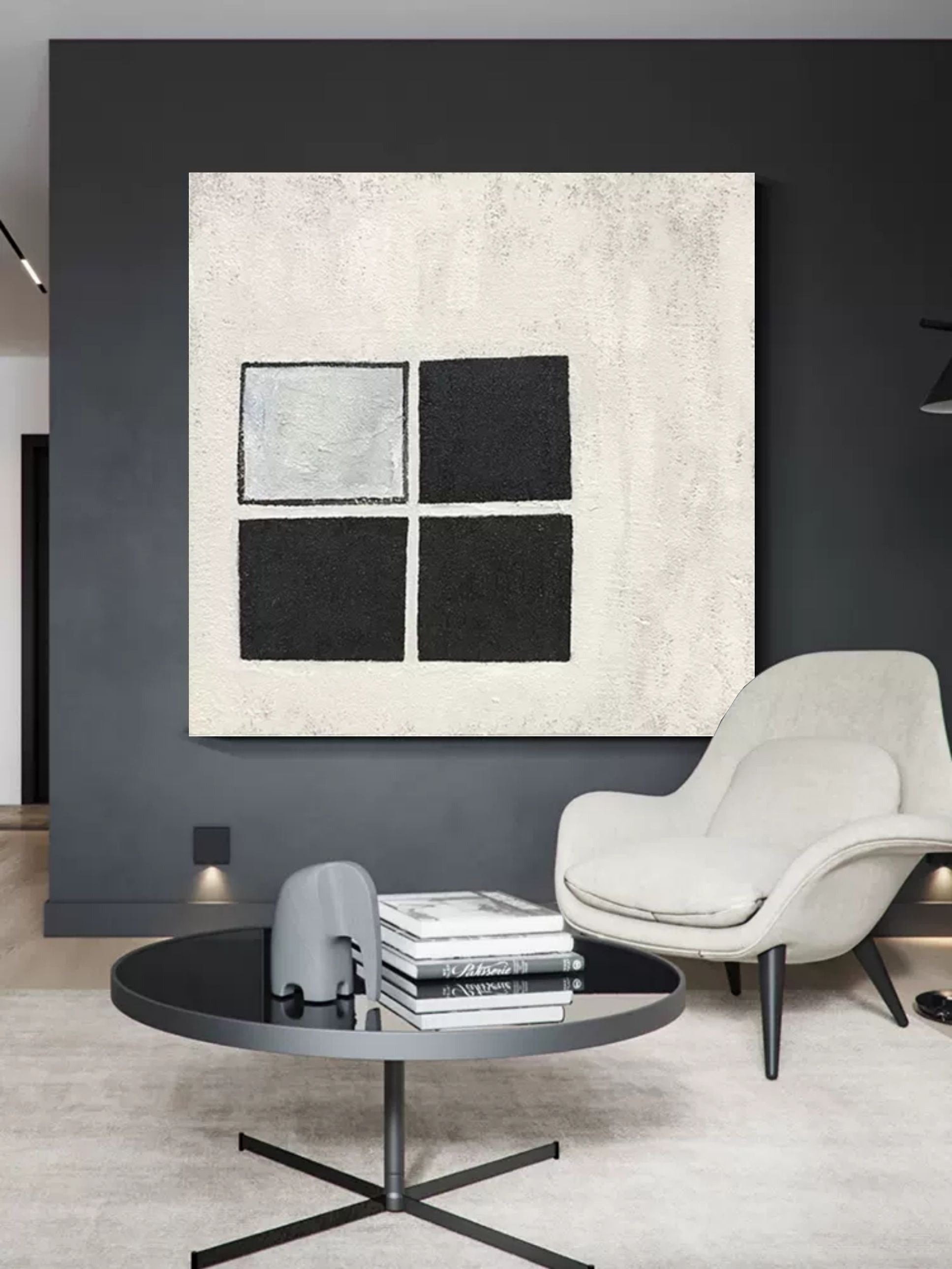 Wabi-Sabi Minimalist Black and White Grid Impasto Oil Painting
