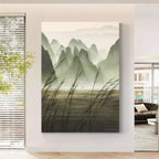 Chinese Ink Misty Green Mountain Landscape Oil Painting