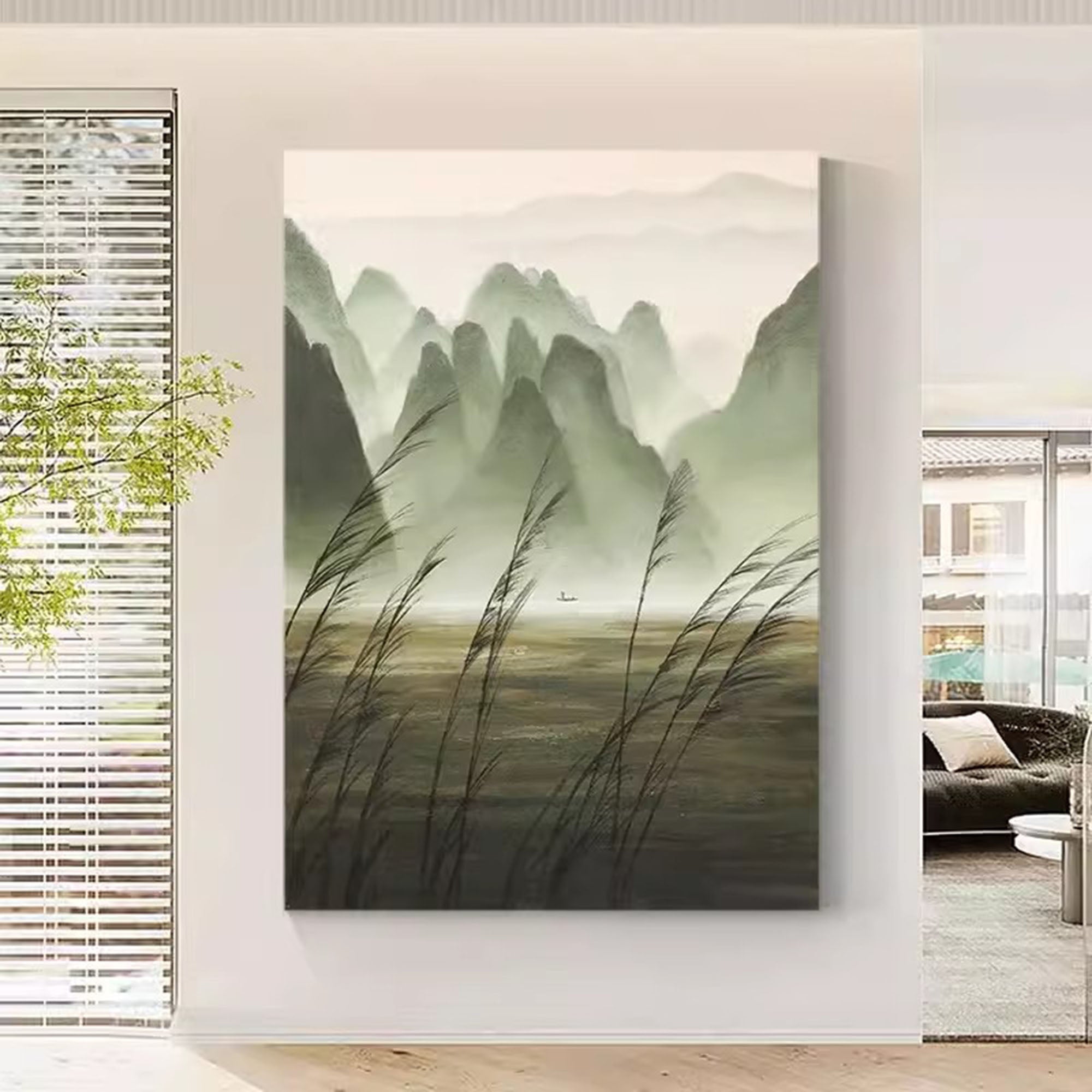 Chinese Ink Misty Green Mountain Landscape Oil Painting