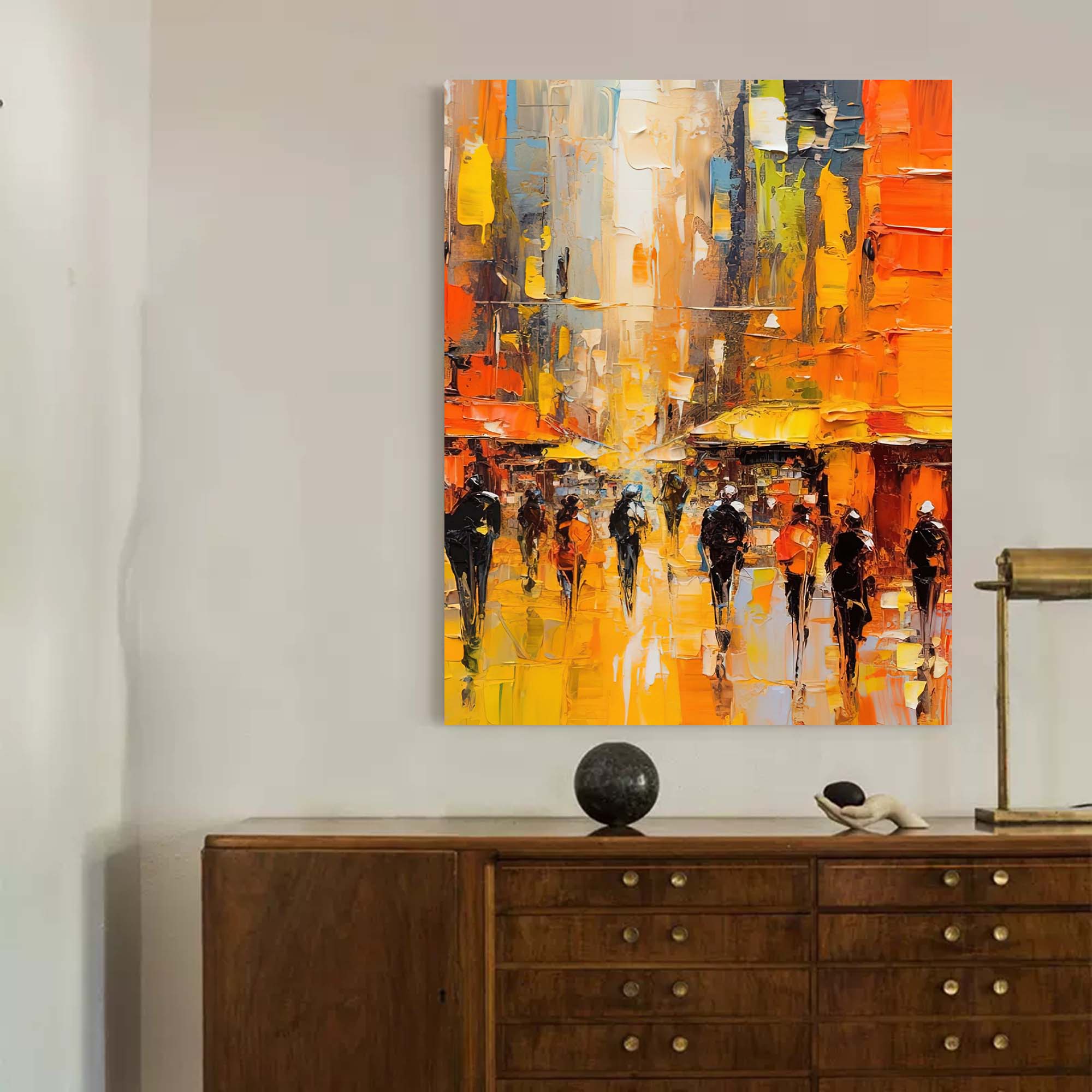 Impasto Cityscape Painting Vibrant Orange & Yellow