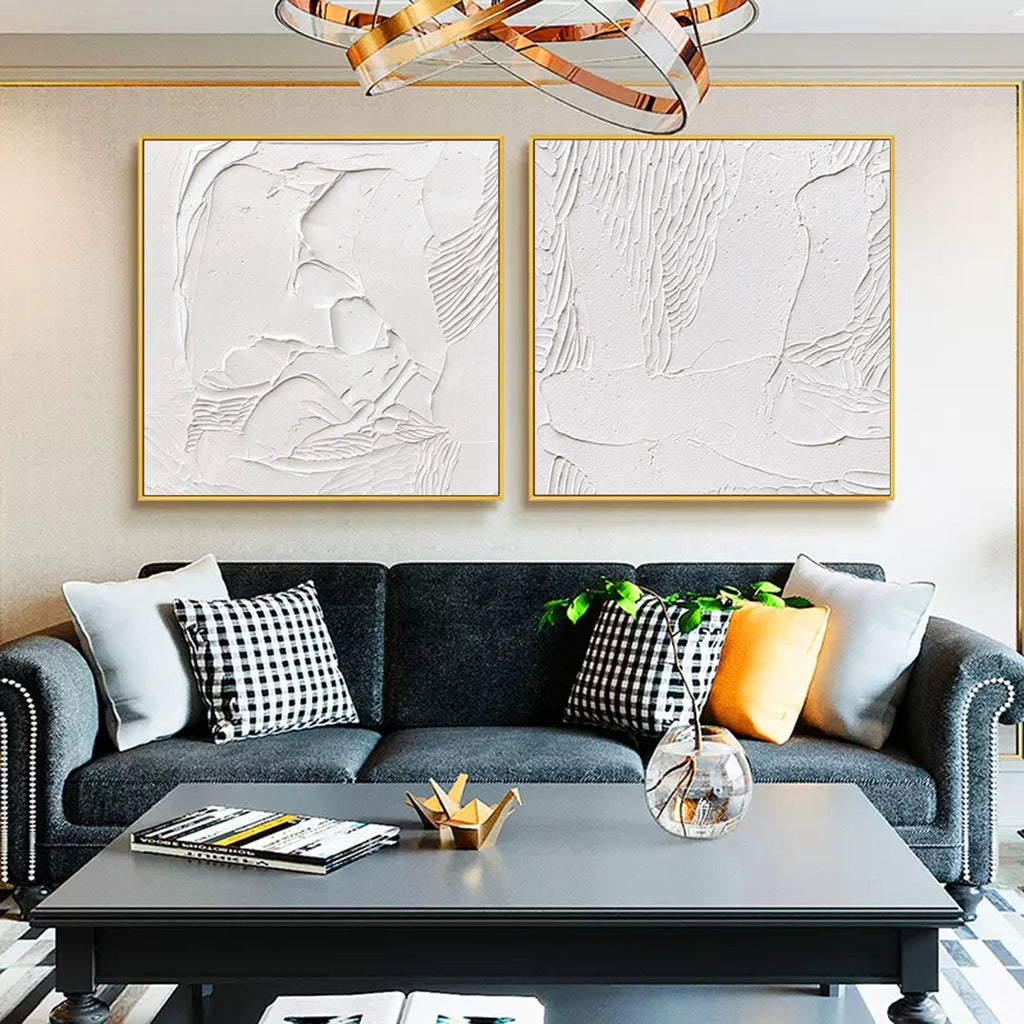 Wall Art Abstract Linear Relief Elegant Linen Flowing White