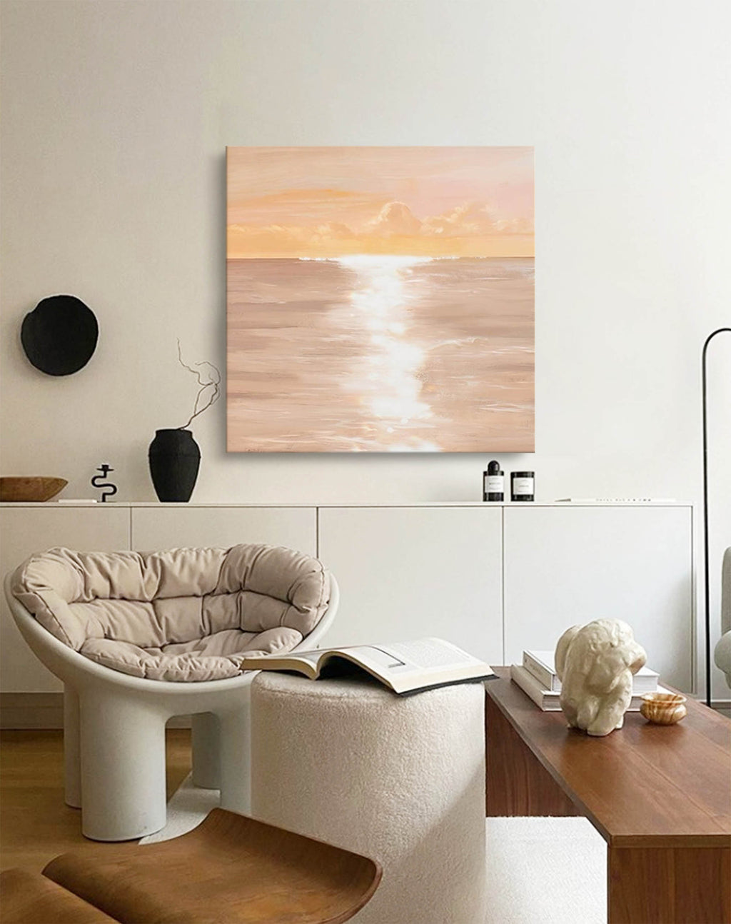 Serene Coastal Sunset Oil Painting Soft Peach