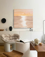 Serene Coastal Sunset Oil Painting Soft Peach