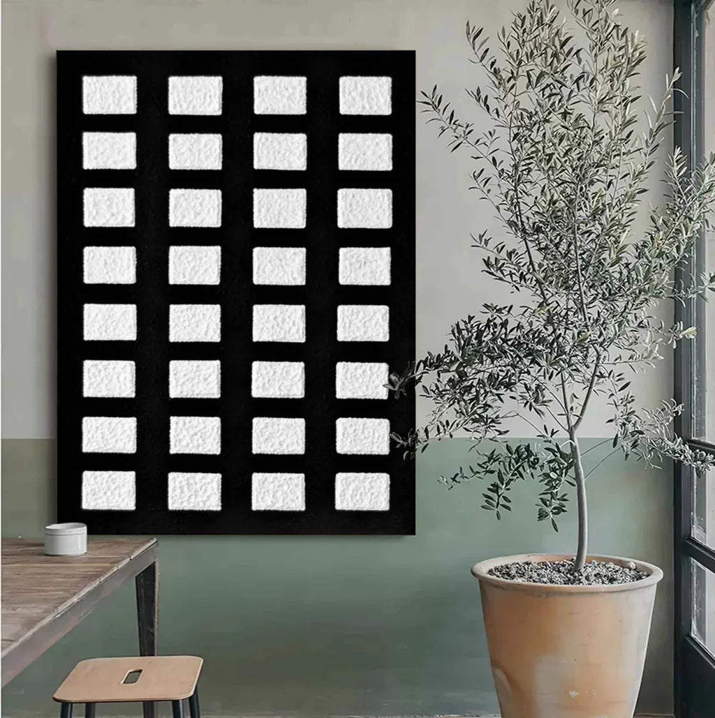 Black And White Grid Textured Wall Art