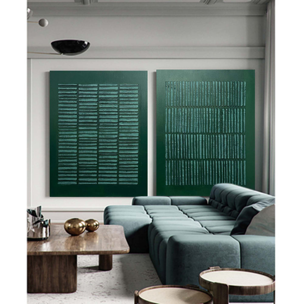 Deep Teal Textured Geometric Diptych Oil Painting
