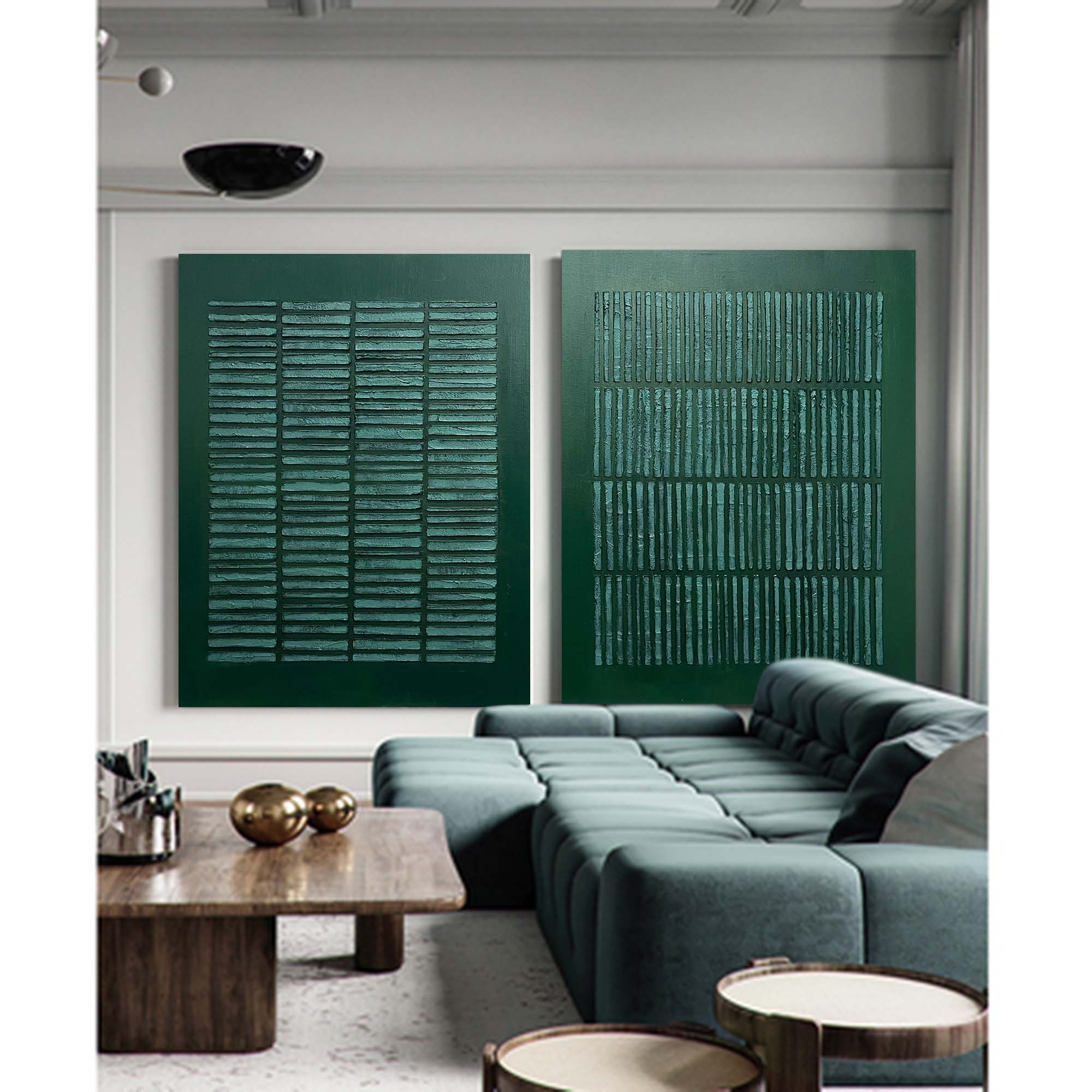 Deep Teal Textured Geometric Diptych Oil Painting