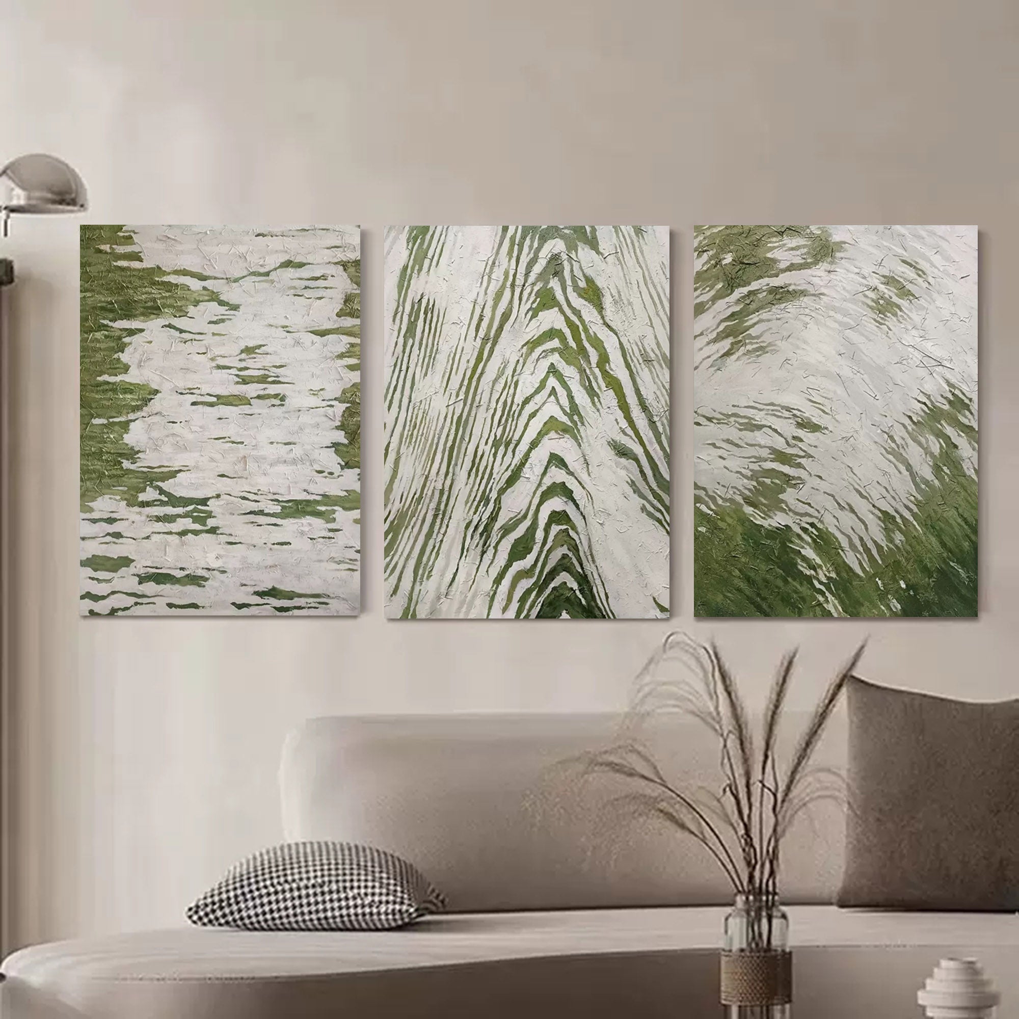 Set of 3 Green And White Triptych Painting