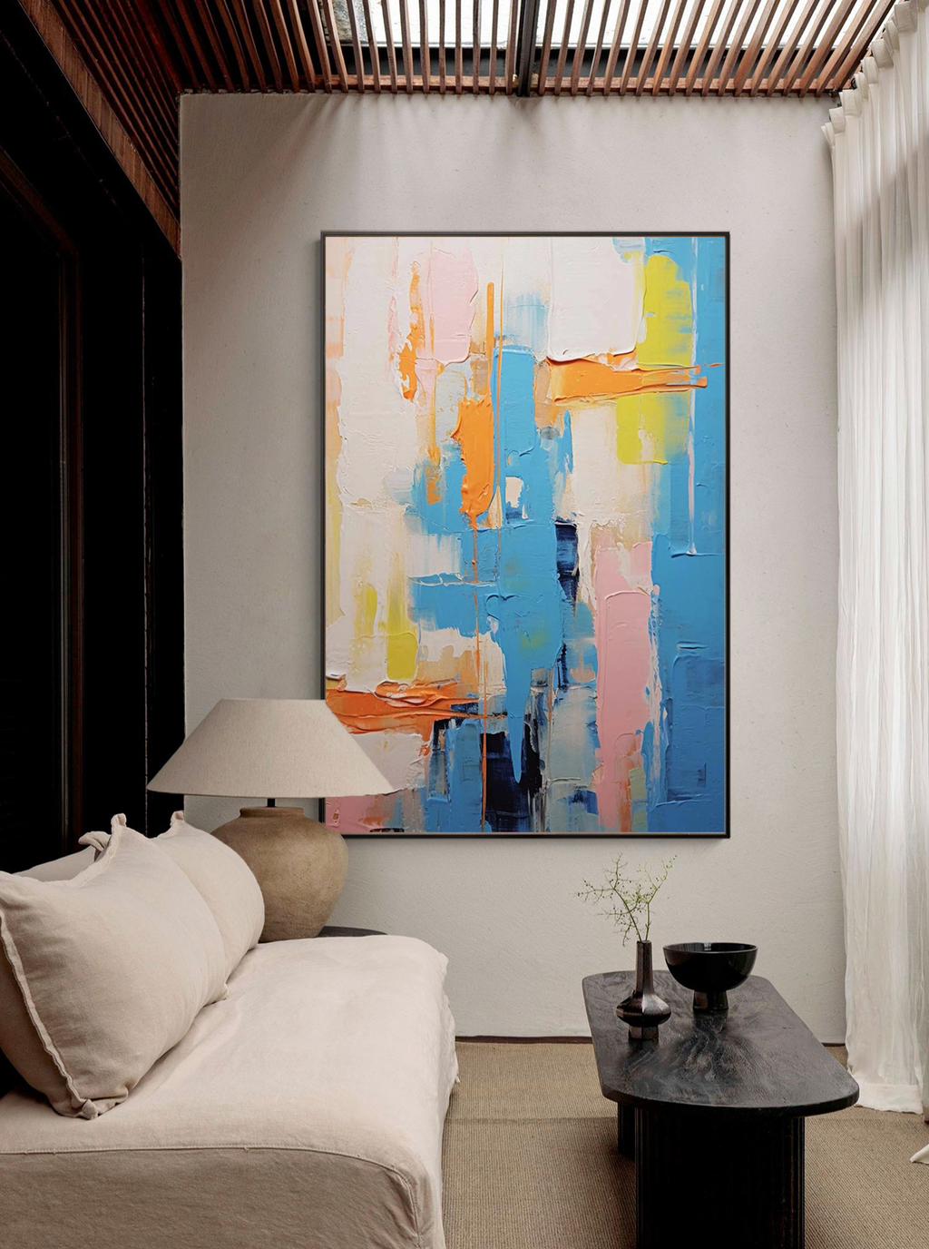 Impasto Geometric Abstract Painting Blue And Pink