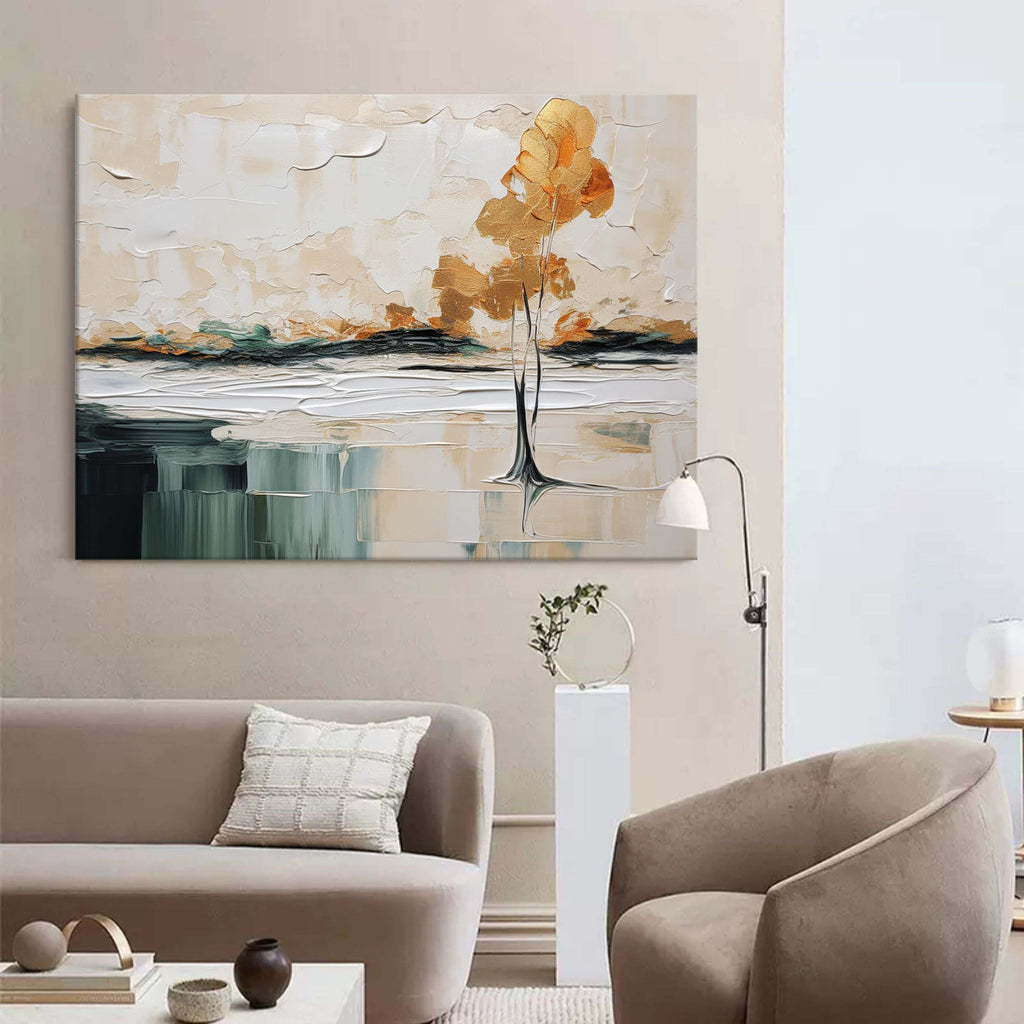 Golden Solitary Tree Landscape Impasto Painting
