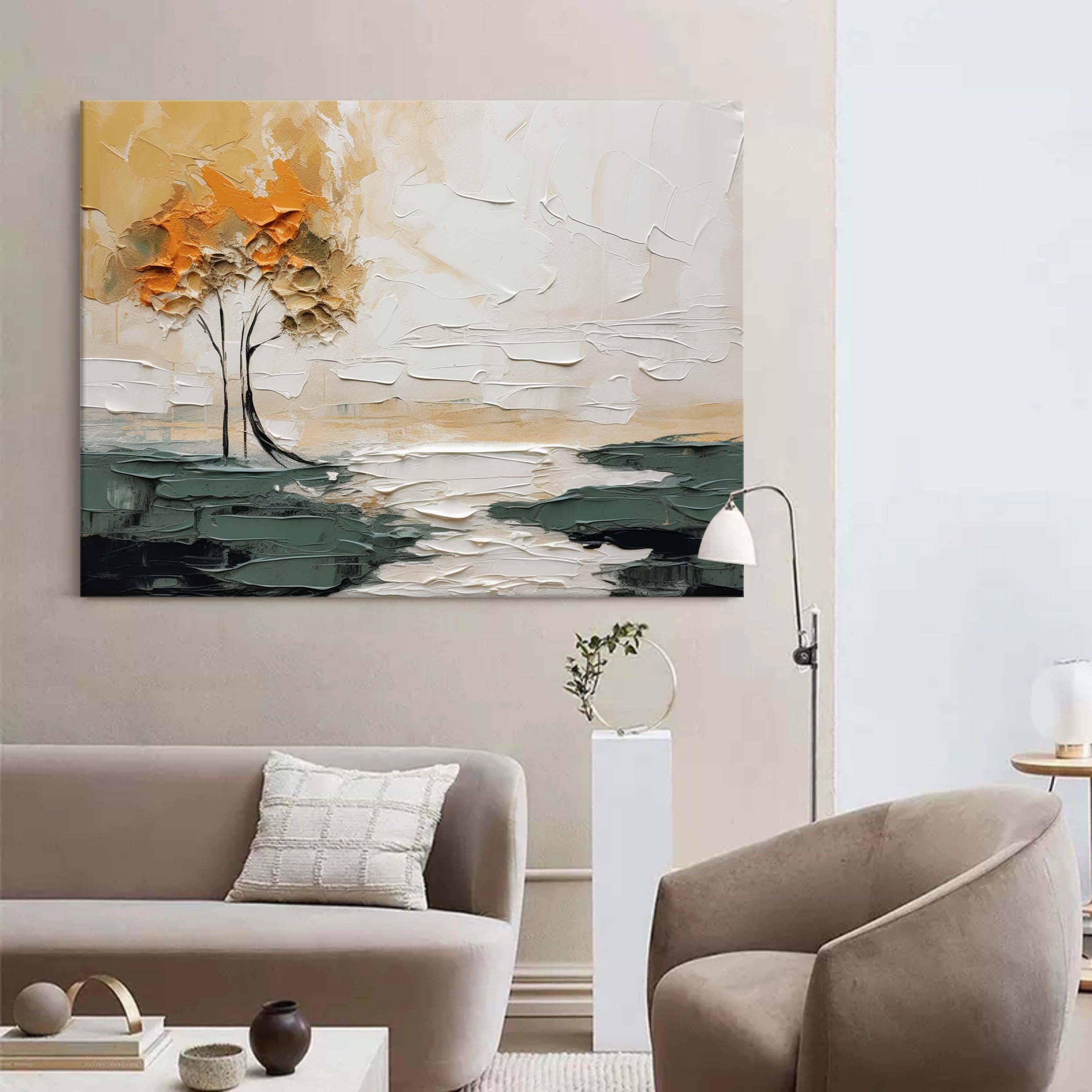 Autumn Duo Trees Impasto Landscape Painting