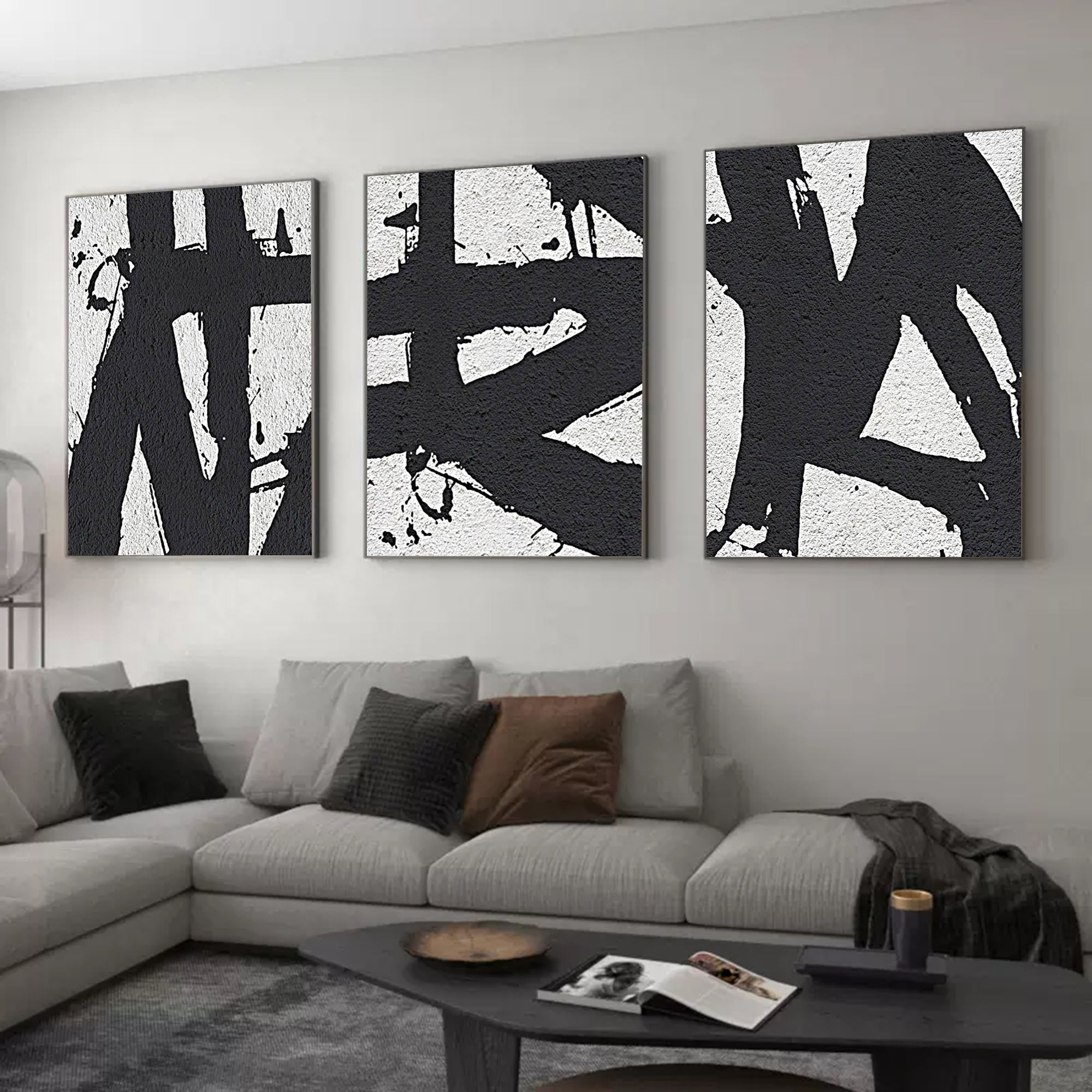 Set of 3 Black White Triptych Wall Art Textured