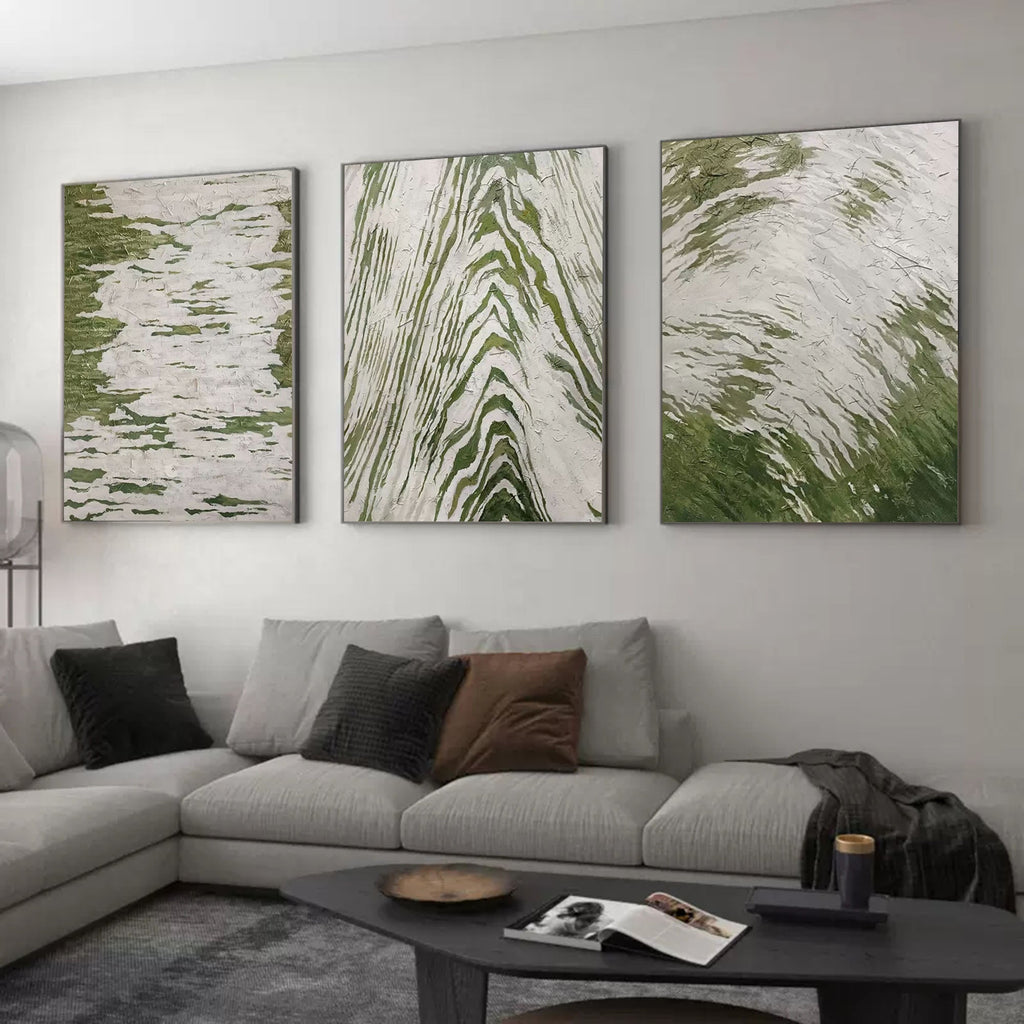Set of 3 Green And White Triptych Painting