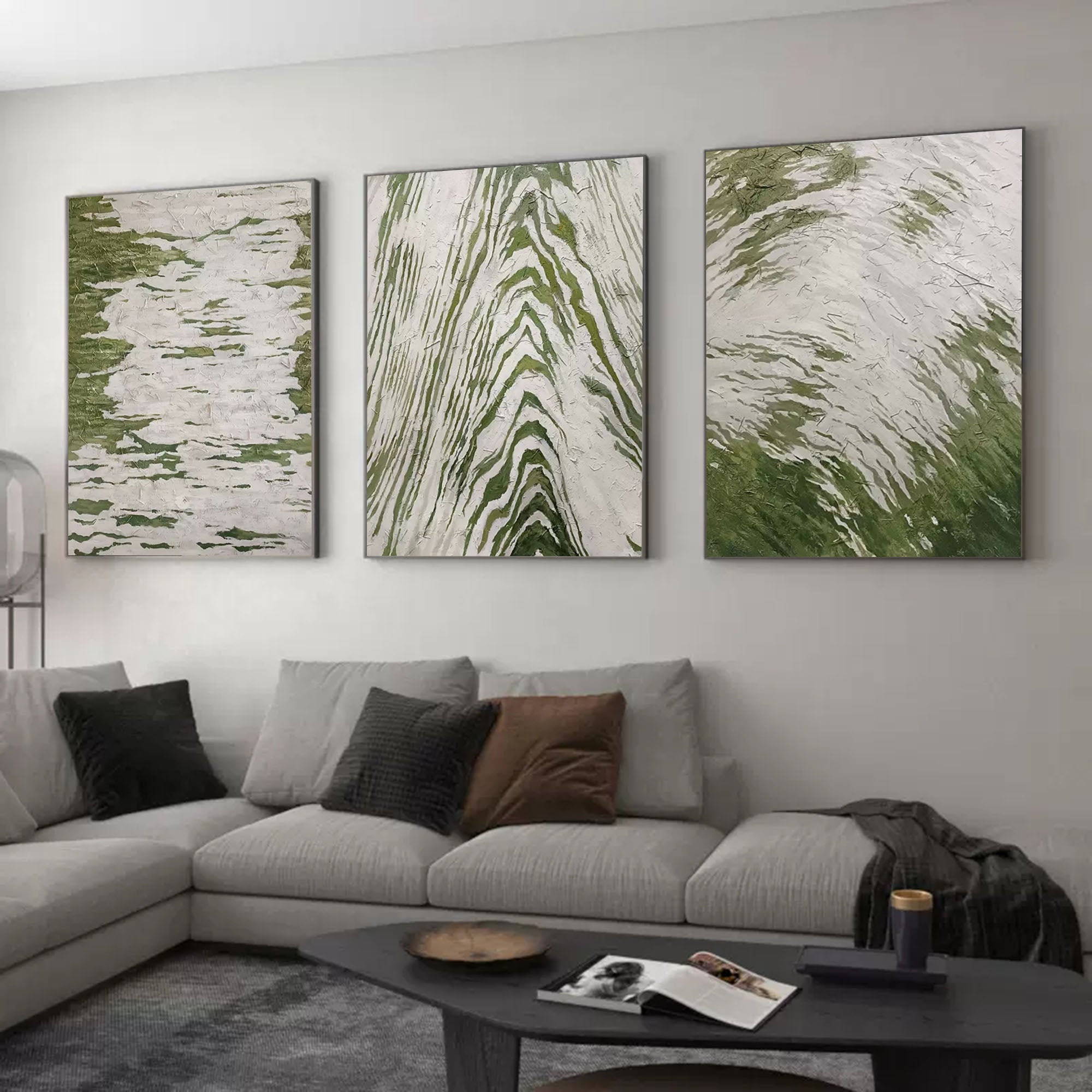 Set of 3 Green And White Triptych Painting